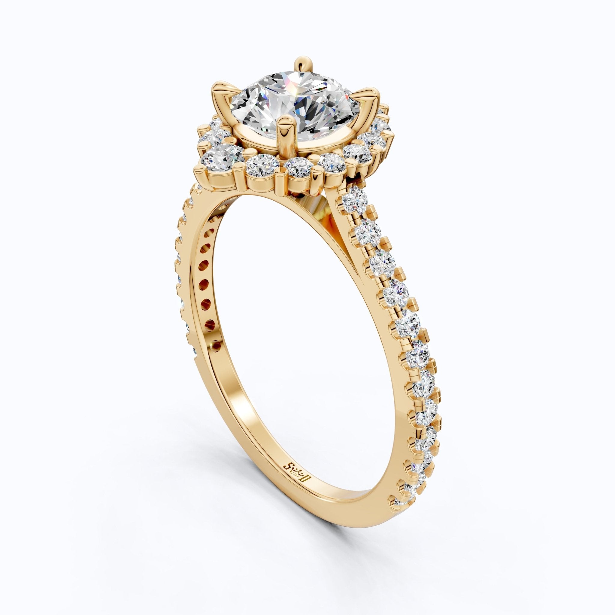 Dainty Floral Diamond Halo Pave Engagement Ring in 14K Solid Gold, 1.00 CT Round Cut Lab Diamond, Handmade Bridal Jewelry, Anniversary Gift for Her - Shoora Designs