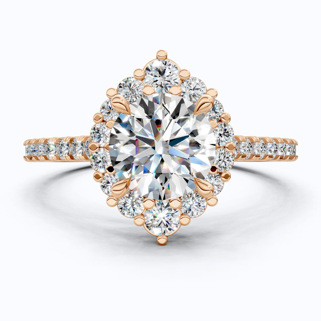 Dainty Floral Diamond Halo Pave Engagement Ring in 14K Solid Gold, 1.00 CT Round Cut Lab Diamond, Handmade Bridal Jewelry, Anniversary Gift for Her - Shoora Designs