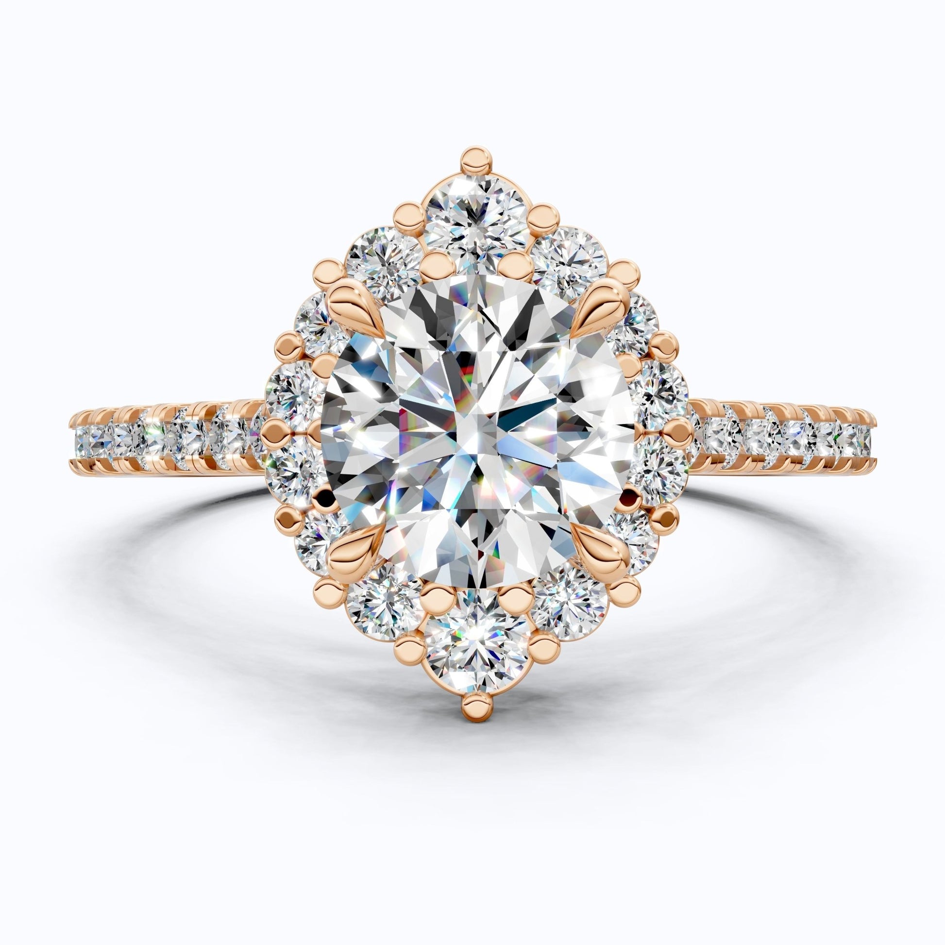 Dainty Floral Diamond Halo Pave Engagement Ring in 14K Solid Gold, 1.00 CT Round Cut Lab Diamond, Handmade Bridal Jewelry, Anniversary Gift for Her - Shoora Designs