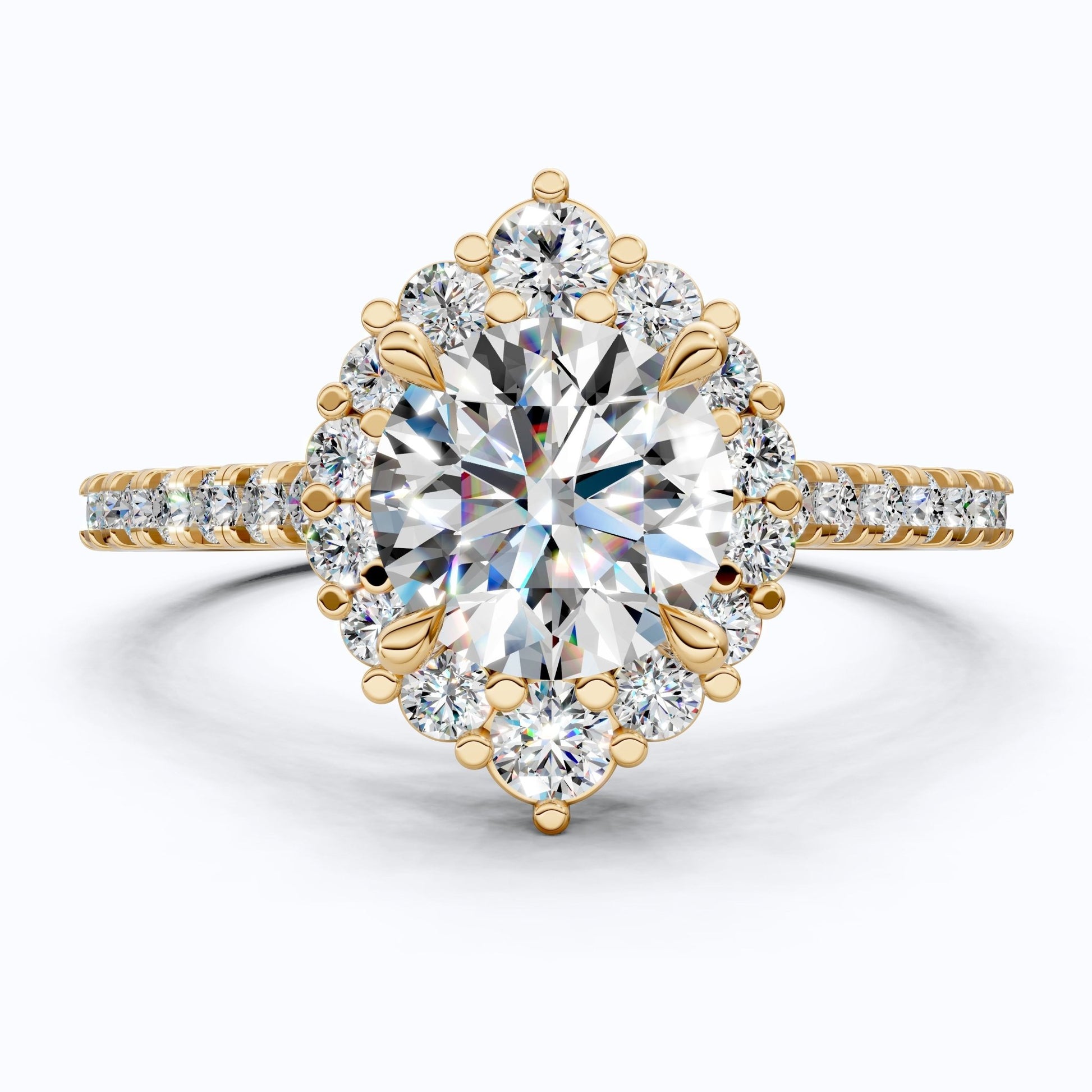 Dainty Floral Diamond Halo Pave Engagement Ring in 14K Solid Gold, 1.00 CT Round Cut Lab Diamond, Handmade Bridal Jewelry, Anniversary Gift for Her - Shoora Designs