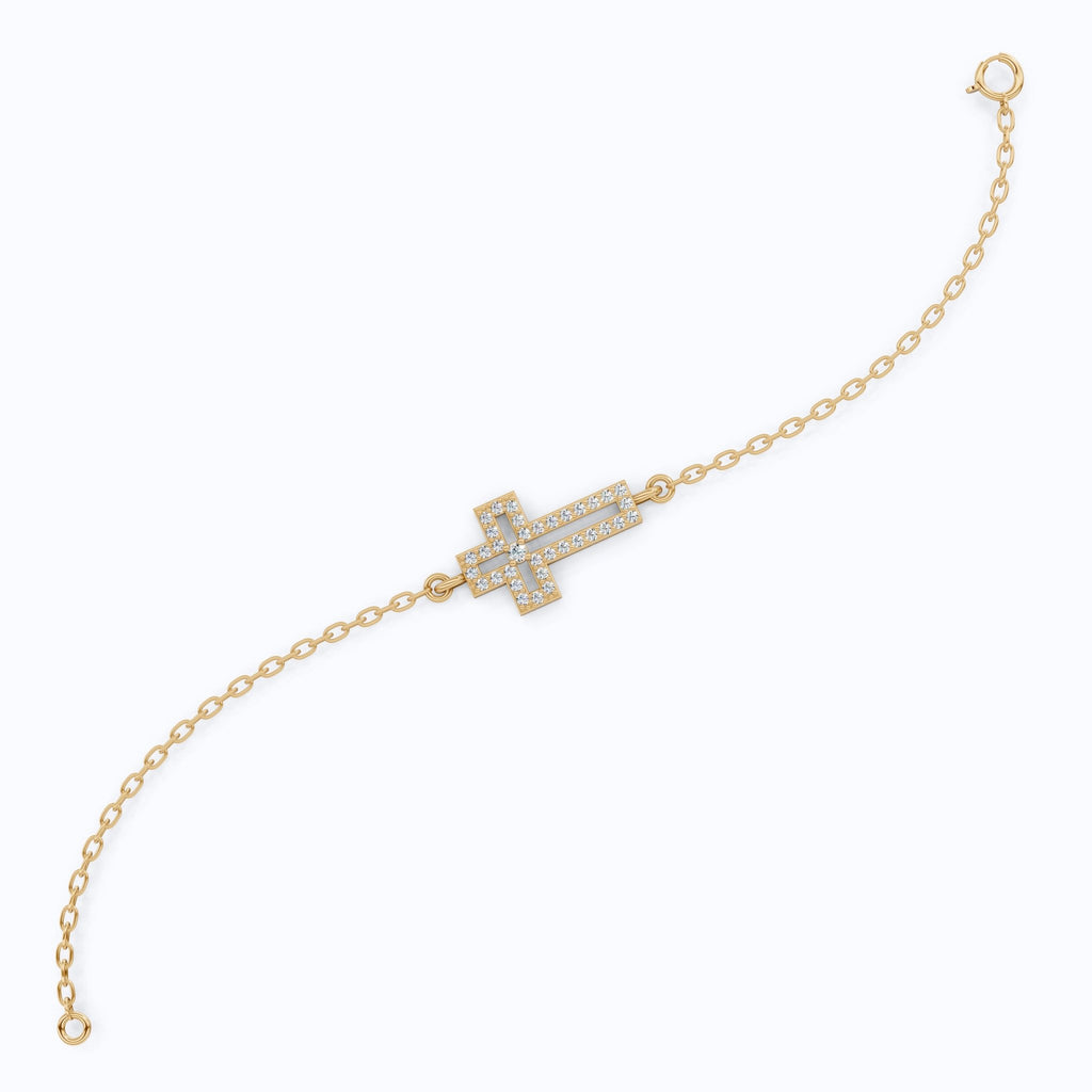 Dainty open cross bar Chain bracelet in 14K Solid Gold, 0.15 TCW Round Cut Lab Created Diamonds, Minimalist Bracelet, Wedding Gift for Her - Shoora Designs