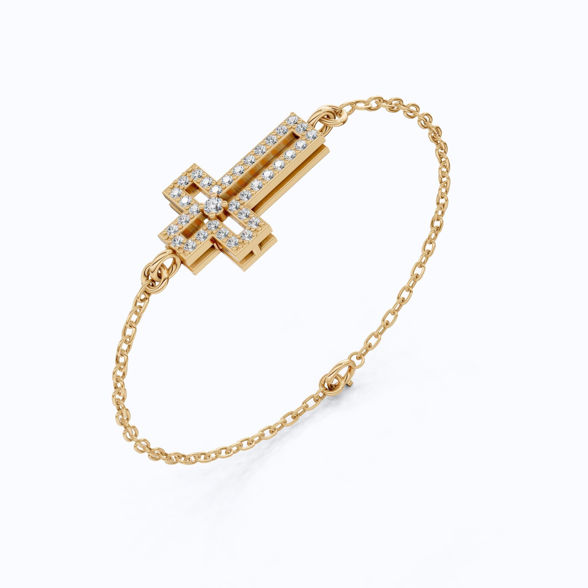 Dainty open cross bar Chain bracelet in 14K Solid Gold, 0.15 TCW Round Cut Lab Created Diamonds, Minimalist Bracelet, Wedding Gift for Her - Shoora Designs