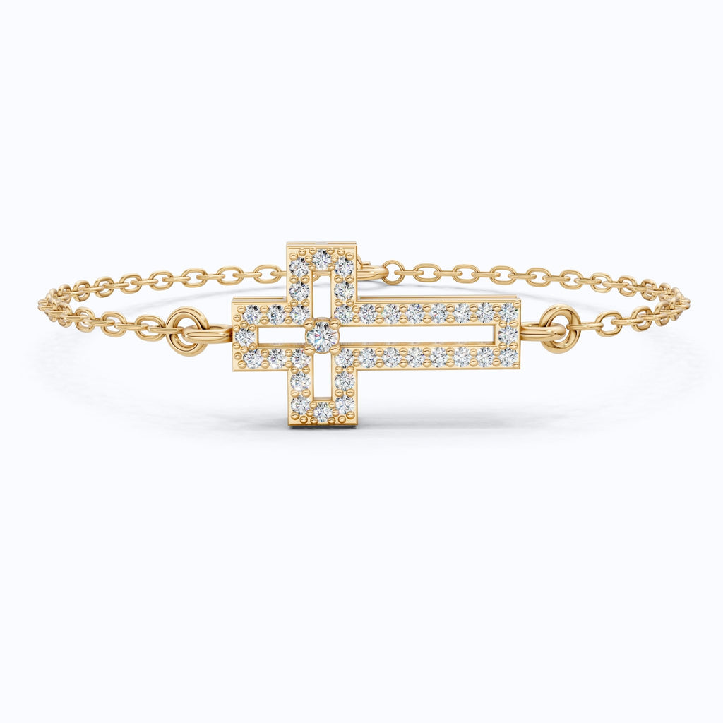 Dainty open cross bar Chain bracelet in 14K Solid Gold, 0.15 TCW Round Cut Lab Created Diamonds, Minimalist Bracelet, Wedding Gift for Her - Shoora Designs