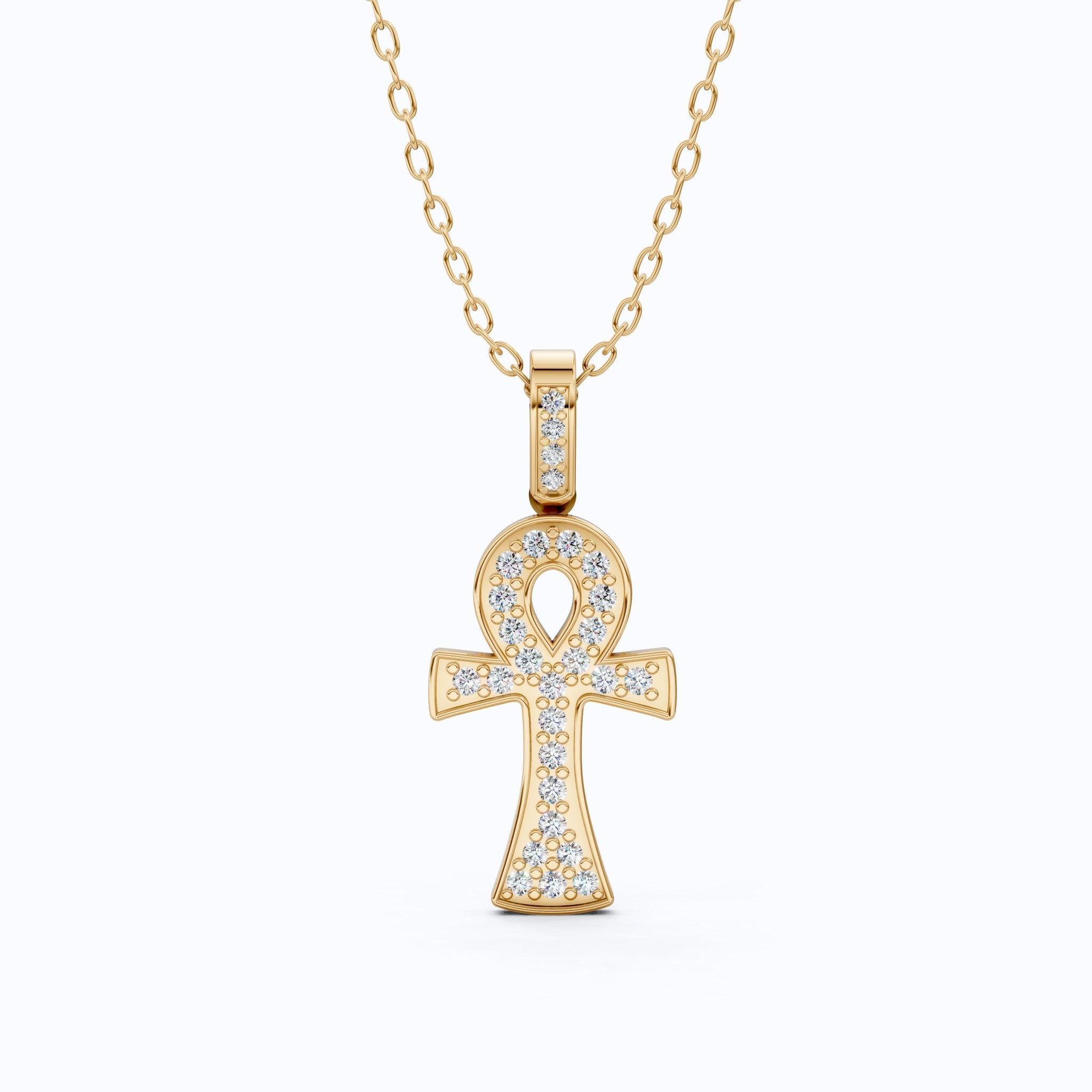 Dainty Pavé Ankh Cross with Diamond Bail Wedding Pendant in Lab Diamond – 14k Yellow Gold, Anniversary Gift for Women, Unique Pendant - Shoora Designs