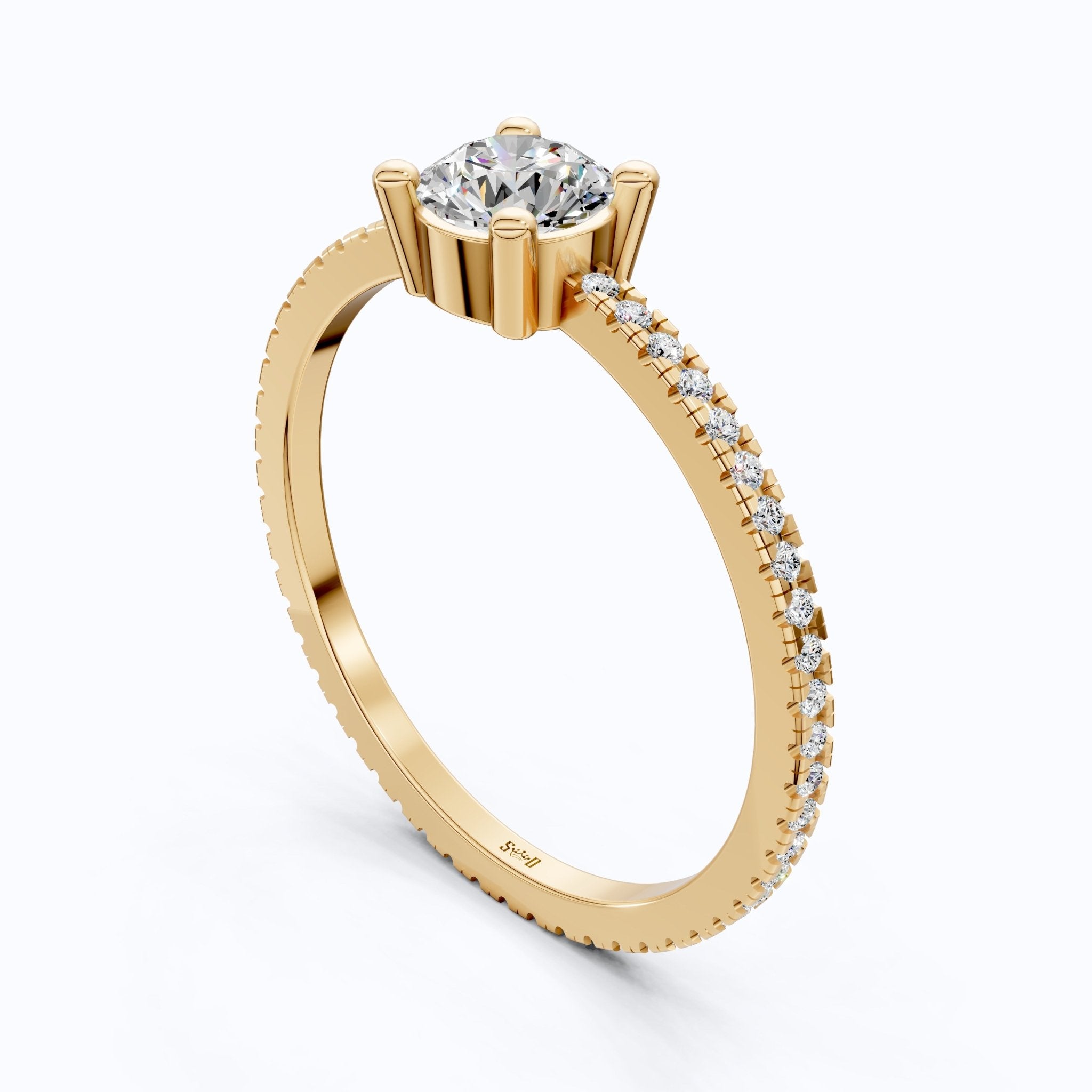 Dainty Pavé Solitaire Engagement Ring in 14K Solid Gold, 0.77 TCW Round Cut Lab Created Diamonds, Wedding Gift for Her, Daily Wear Ring - Shoora Designs