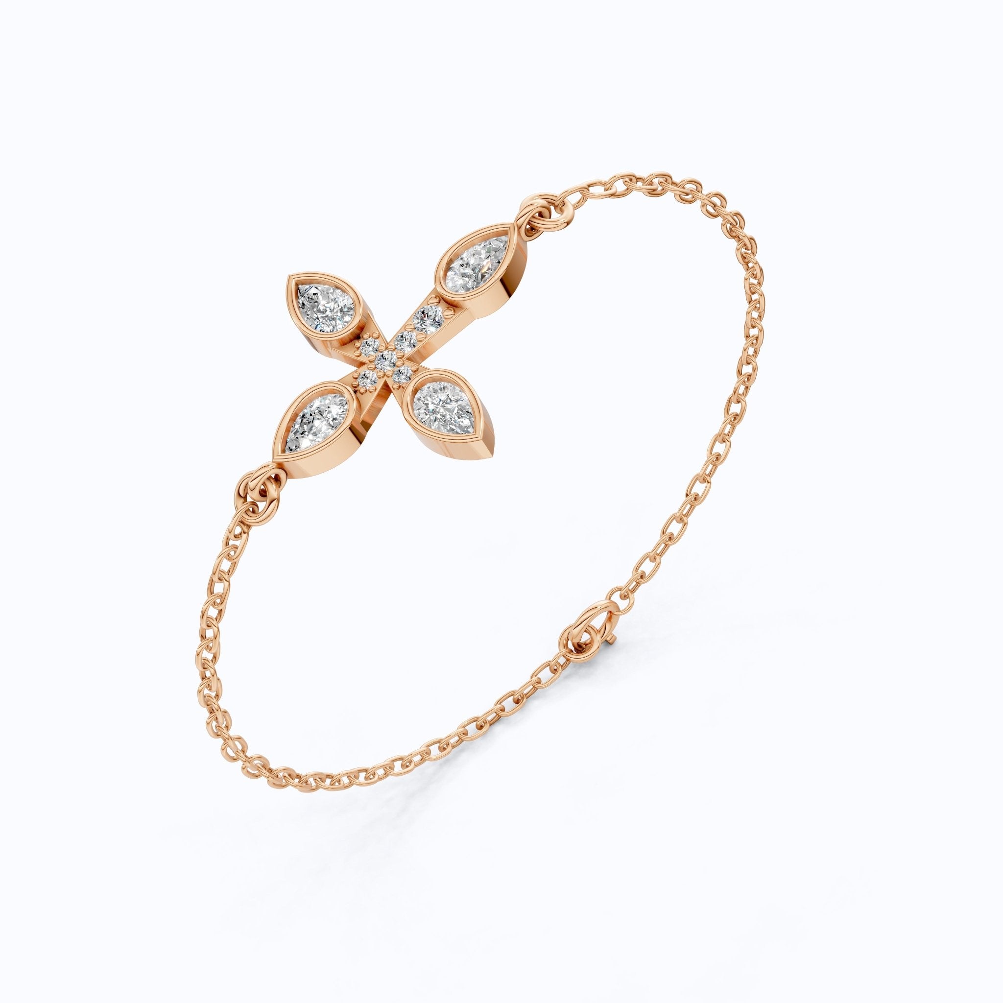 Dainty pear petal cross Chain bracelet in 14K Solid Gold, 0.60 Pear Cut Lab Created Diamonds, Everyday Bracelet, Religious Gift for Her - Shoora Designs