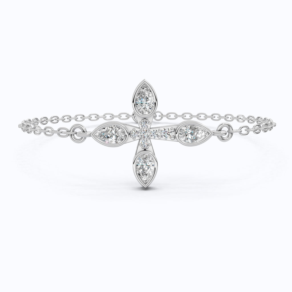 Dainty pear petal cross Chain bracelet in 14K Solid Gold, 0.60 Pear Cut Lab Created Diamonds, Everyday Bracelet, Religious Gift for Her - Shoora Designs