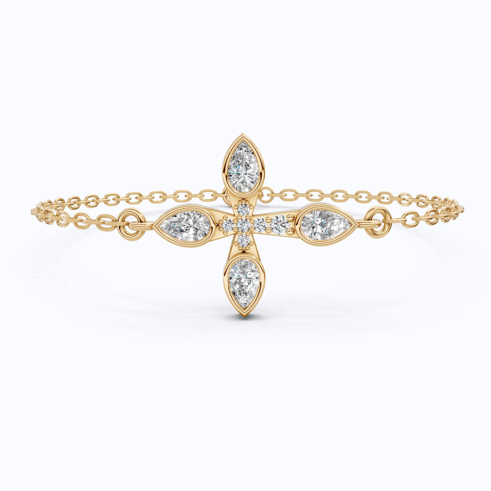 Dainty pear petal cross Chain bracelet in 14K Solid Gold, 0.60 Pear Cut Lab Created Diamonds, Everyday Bracelet, Religious Gift for Her - Shoora Designs