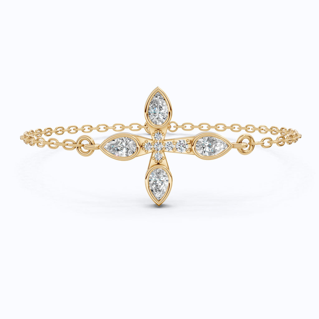 Dainty pear petal cross Chain bracelet in 14K Solid Gold, 0.60 Pear Cut Lab Created Diamonds, Everyday Bracelet, Religious Gift for Her - Shoora Designs