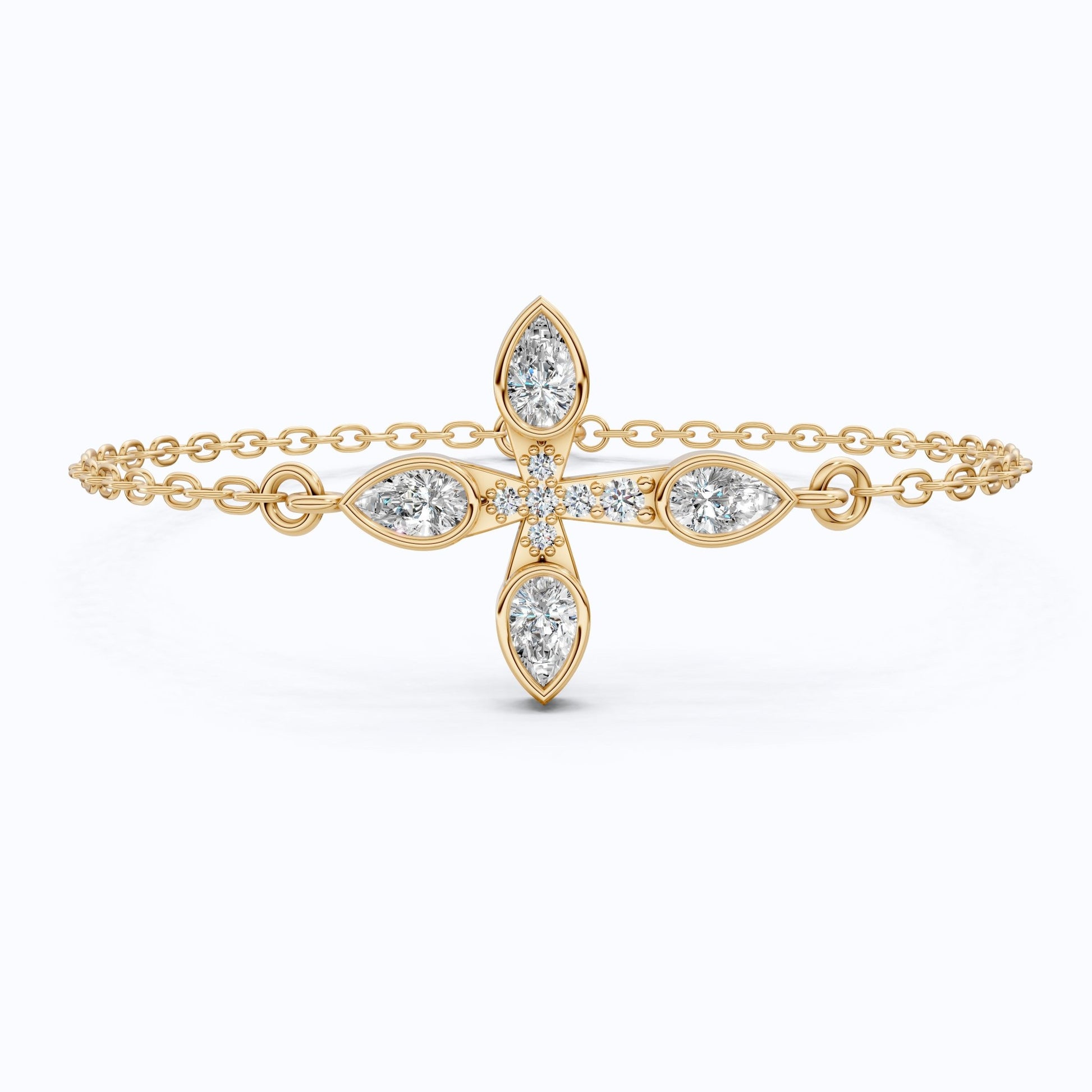 Dainty pear petal cross Chain bracelet in 14K Solid Gold, 0.60 Pear Cut Lab Created Diamonds, Everyday Bracelet, Religious Gift for Her - Shoora Designs