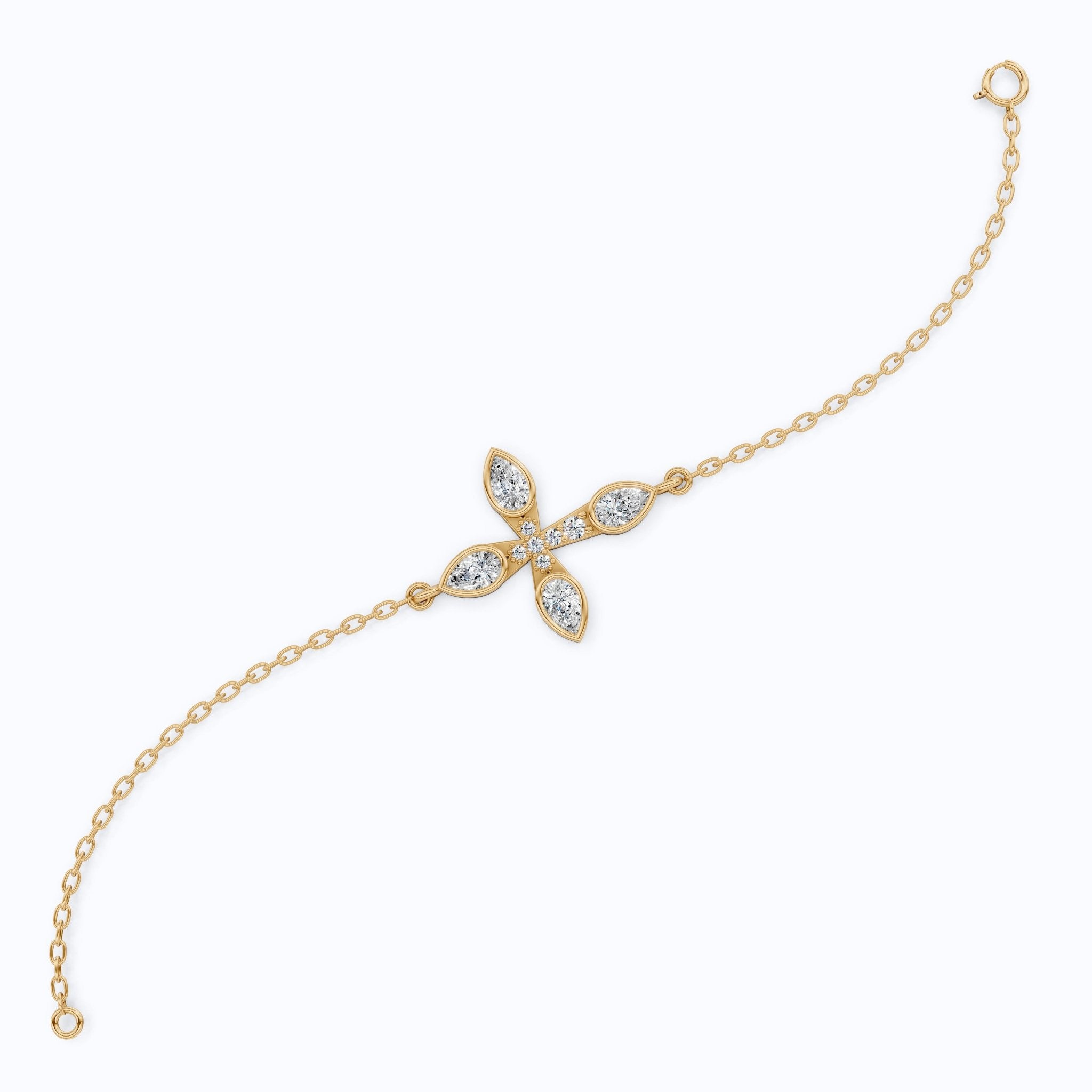 Dainty pear petal cross Chain bracelet in 14K Solid Gold, 0.60 Pear Cut Lab Created Diamonds, Everyday Bracelet, Religious Gift for Her - Shoora Designs