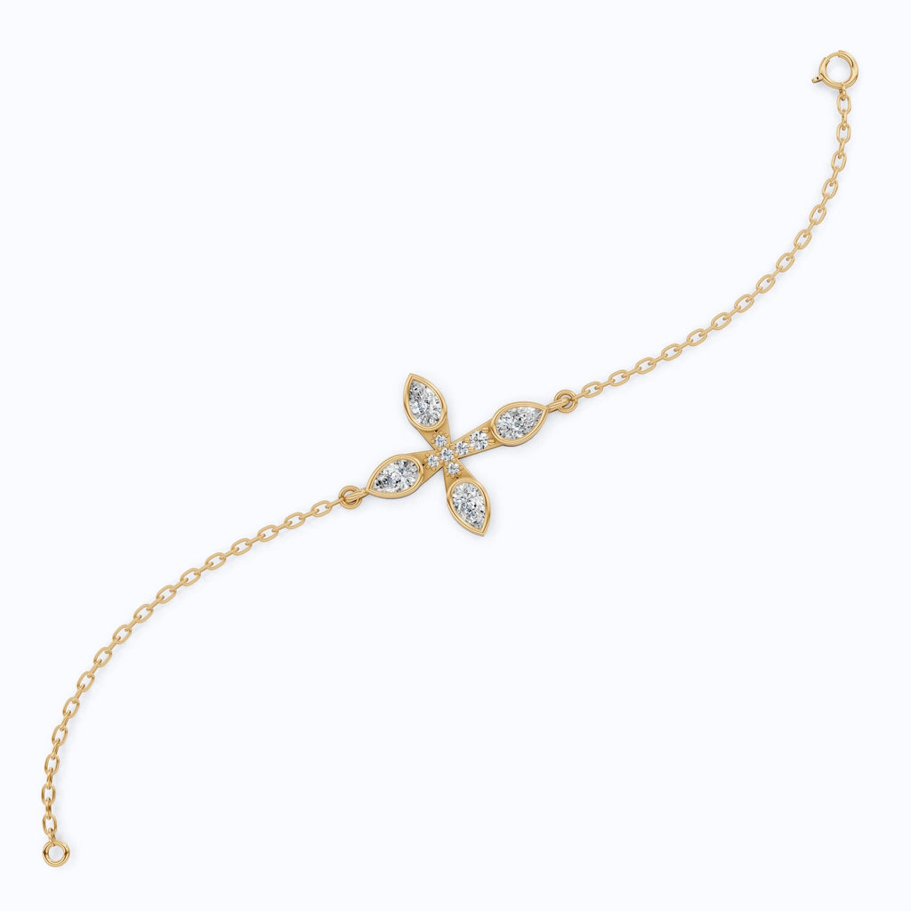 Dainty pear petal cross Chain bracelet in 14K Solid Gold, 0.60 Pear Cut Lab Created Diamonds, Everyday Bracelet, Religious Gift for Her - Shoora Designs