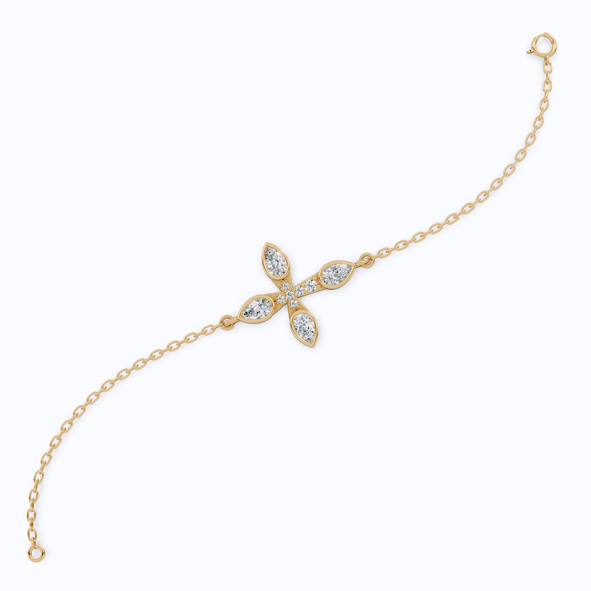 Dainty pear petal cross Chain bracelet in 14K Solid Gold, 0.60 Pear Cut Lab Created Diamonds, Everyday Bracelet, Religious Gift for Her - Shoora Designs