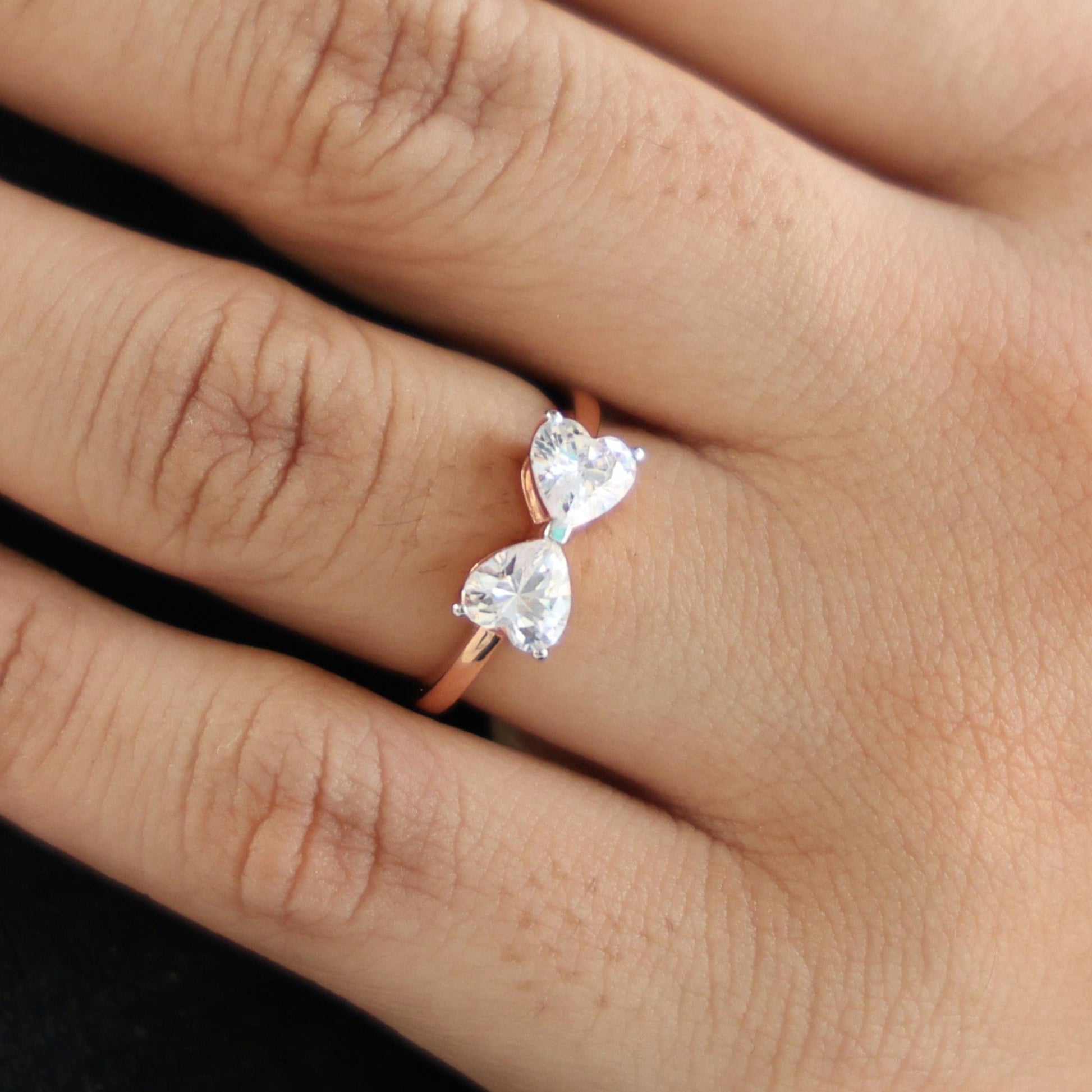 Delicate Bow Inspired Double Heart Engagement Ring in 14K Solid Gold, 1.50 TCW Heart Cut Lab Grown Diamonds, Anniversary Gift for Wife, Bridal Jewelry - Shoora Designs