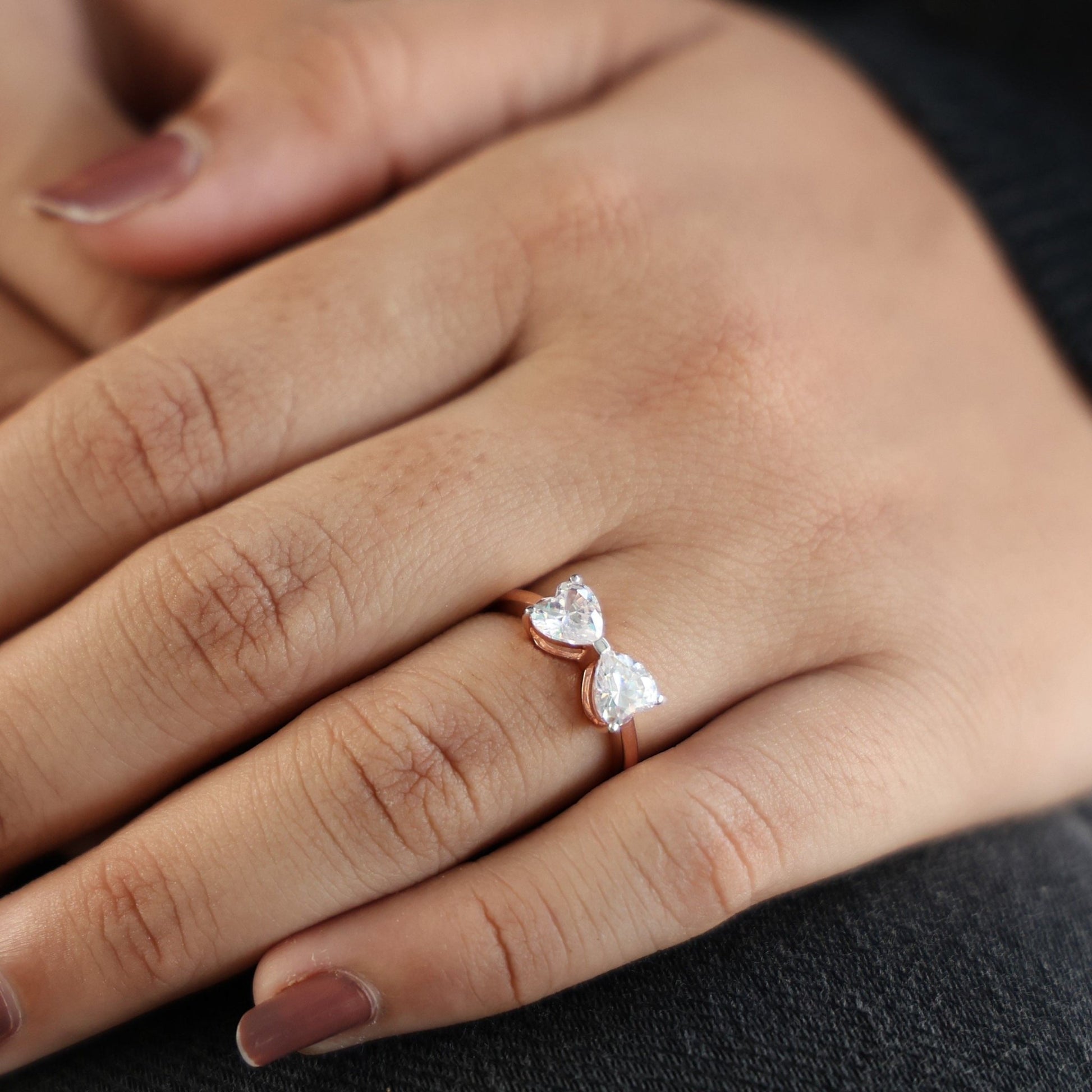 Delicate Bow Inspired Double Heart Engagement Ring in 14K Solid Gold, 1.50 TCW Heart Cut Lab Grown Diamonds, Anniversary Gift for Wife, Bridal Jewelry - Shoora Designs