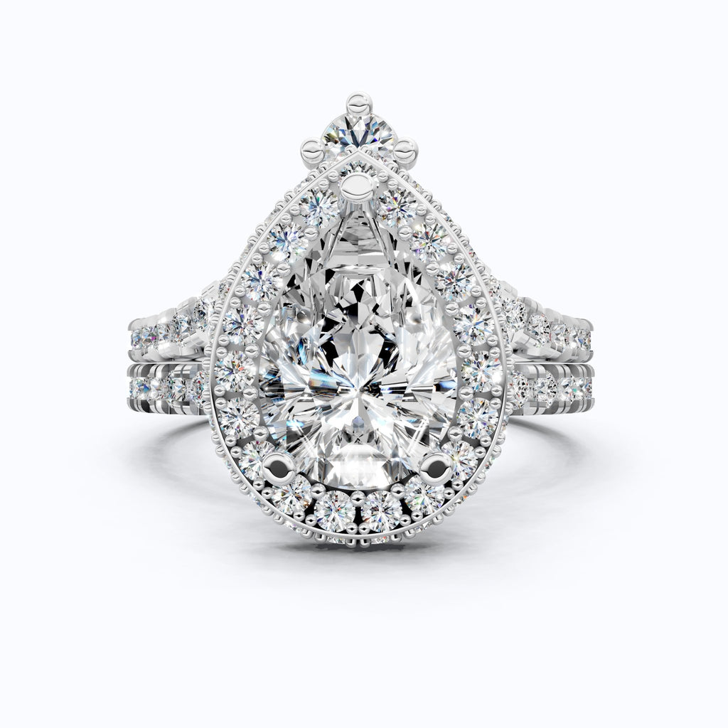 Double Halo Pave Unique Bridal Ring Set 14K Solid Gold, 1.75 CT Pear Cut Lab Grown Diamond, Wedding Bridal Set, Anniversary Gift for Her, Bridal Jewelry - Shoora Designs