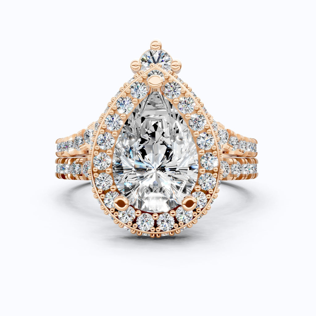 Double Halo Pave Unique Bridal Ring Set 14K Solid Gold, 1.75 CT Pear Cut Lab Grown Diamond, Wedding Bridal Set, Anniversary Gift for Her, Bridal Jewelry - Shoora Designs