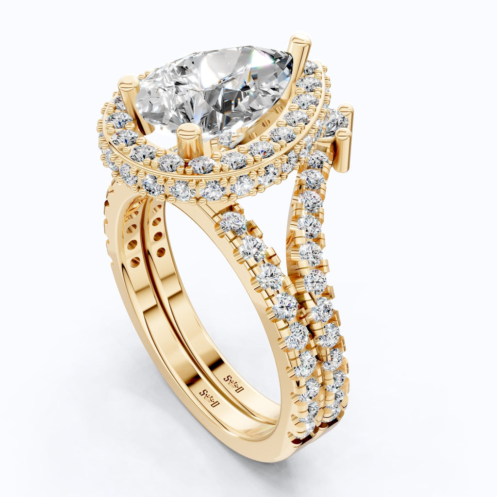 Double Halo Pave Unique Bridal Ring Set 14K Solid Gold, 1.75 CT Pear Cut Lab Grown Diamond, Wedding Bridal Set, Anniversary Gift for Her, Bridal Jewelry - Shoora Designs