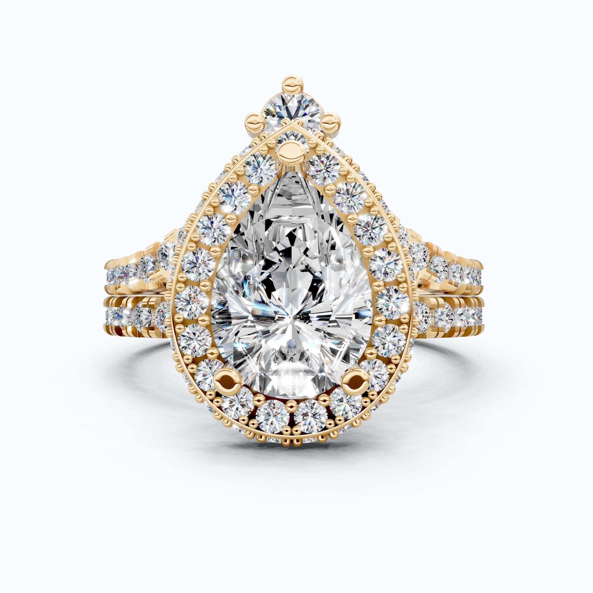 Double Halo Pave Unique Bridal Ring Set 14K Solid Gold, 1.75 CT Pear Cut Lab Grown Diamond, Wedding Bridal Set, Anniversary Gift for Her, Bridal Jewelry - Shoora Designs