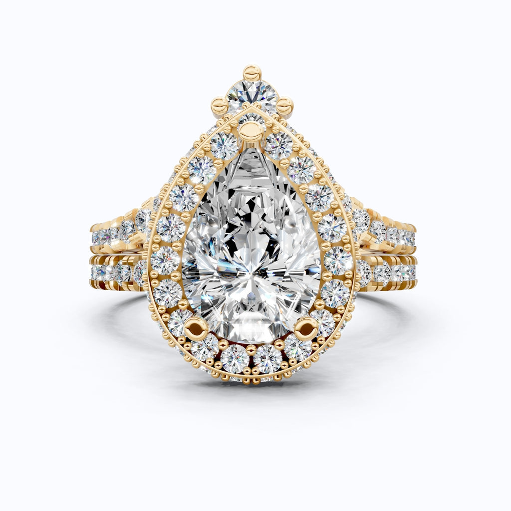 Double Halo Pave Unique Bridal Ring Set 14K Solid Gold, 1.75 CT Pear Cut Lab Grown Diamond, Wedding Bridal Set, Anniversary Gift for Her, Bridal Jewelry - Shoora Designs
