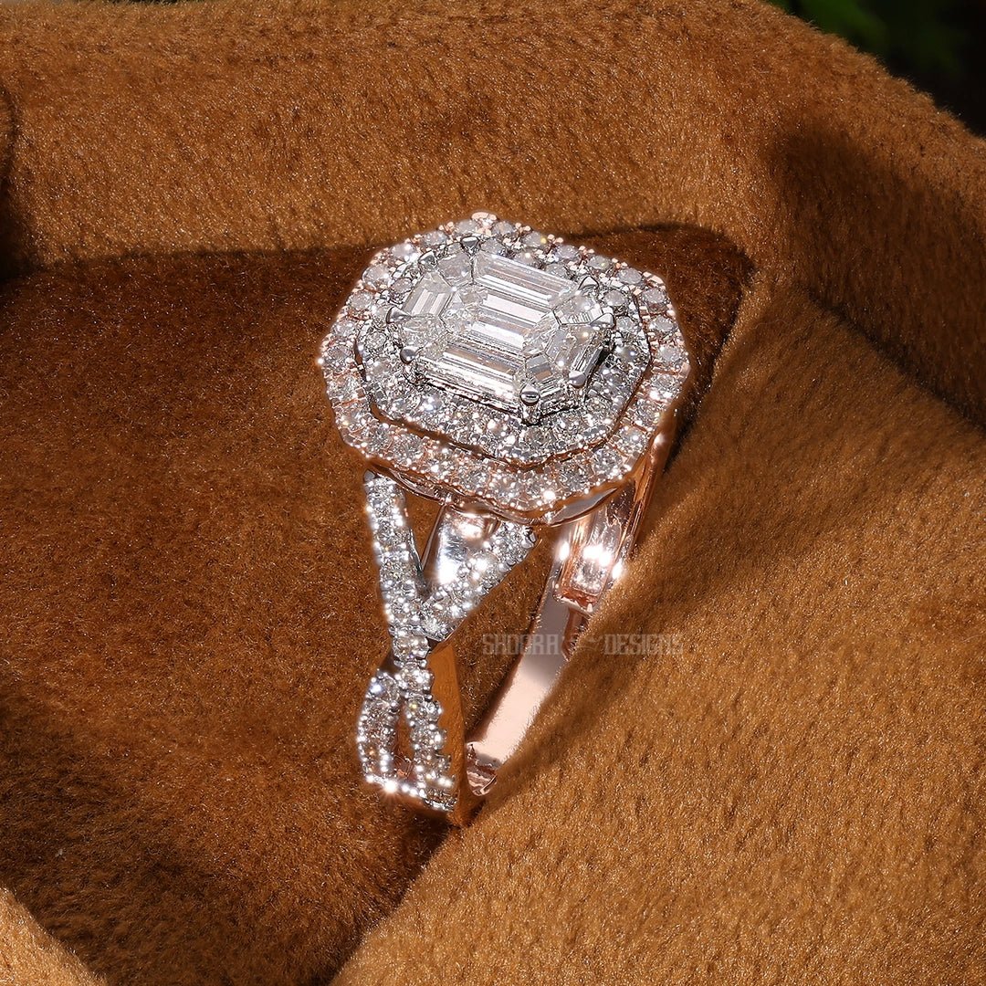 Double Halo Split Shank Pie - Cut Engagement Ring in 14K Solid Gold, 1.28 TCW Pie - cut/Round Cut Natural Diamonds, Wedding Gift for Women, Luxury Bridal Jewelry - Shoora Designs