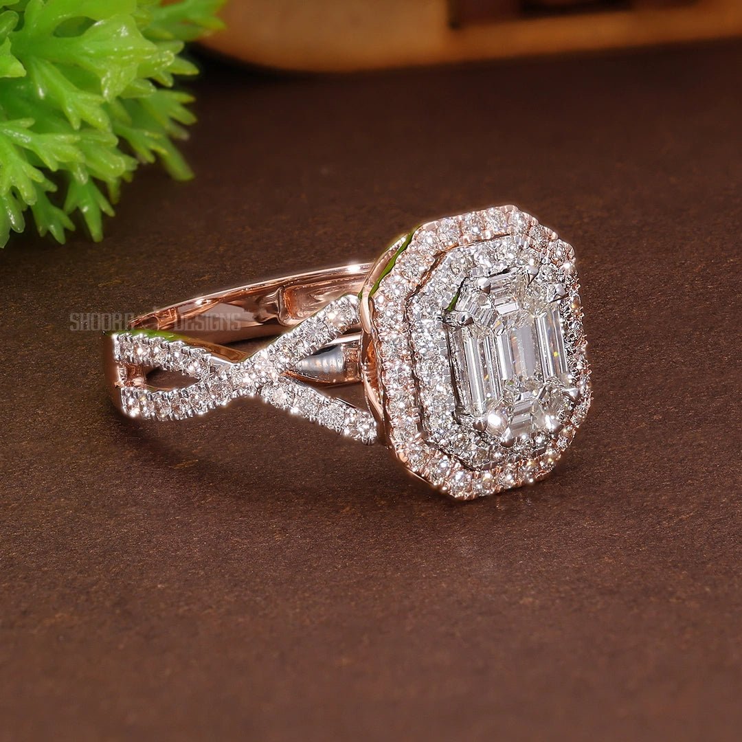 Double Halo Split Shank Pie - Cut Engagement Ring in 14K Solid Gold, 1.28 TCW Pie - cut/Round Cut Natural Diamonds, Wedding Gift for Women, Luxury Bridal Jewelry - Shoora Designs