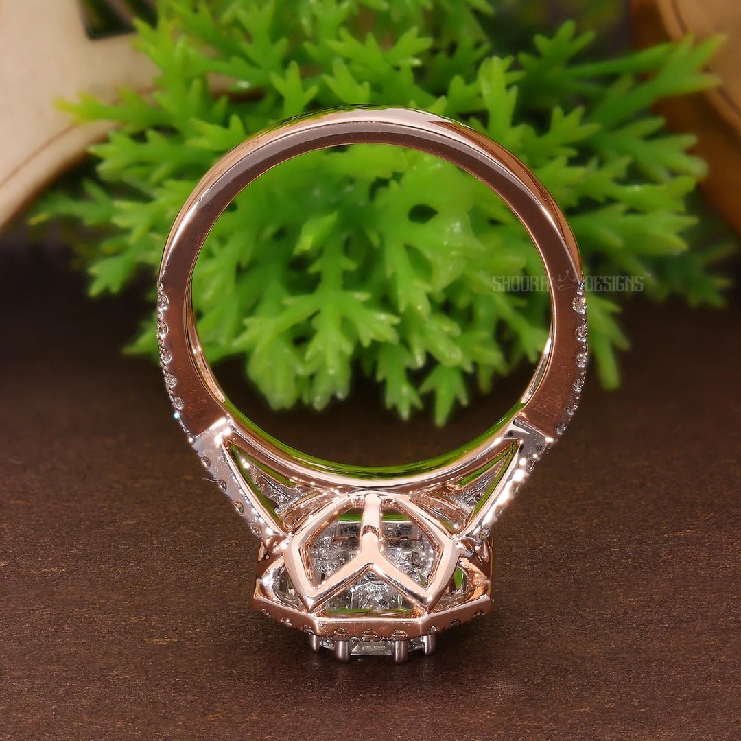 Double Halo Split Shank Pie - Cut Engagement Ring in 14K Solid Gold, 1.28 TCW Pie - cut/Round Cut Natural Diamonds, Wedding Gift for Women, Luxury Bridal Jewelry - Shoora Designs