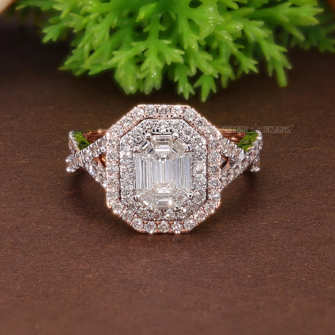 Double Halo Split Shank Pie - Cut Engagement Ring in 14K Solid Gold, 1.28 TCW Pie - cut/Round Cut Natural Diamonds, Wedding Gift for Women, Luxury Bridal Jewelry - Shoora Designs