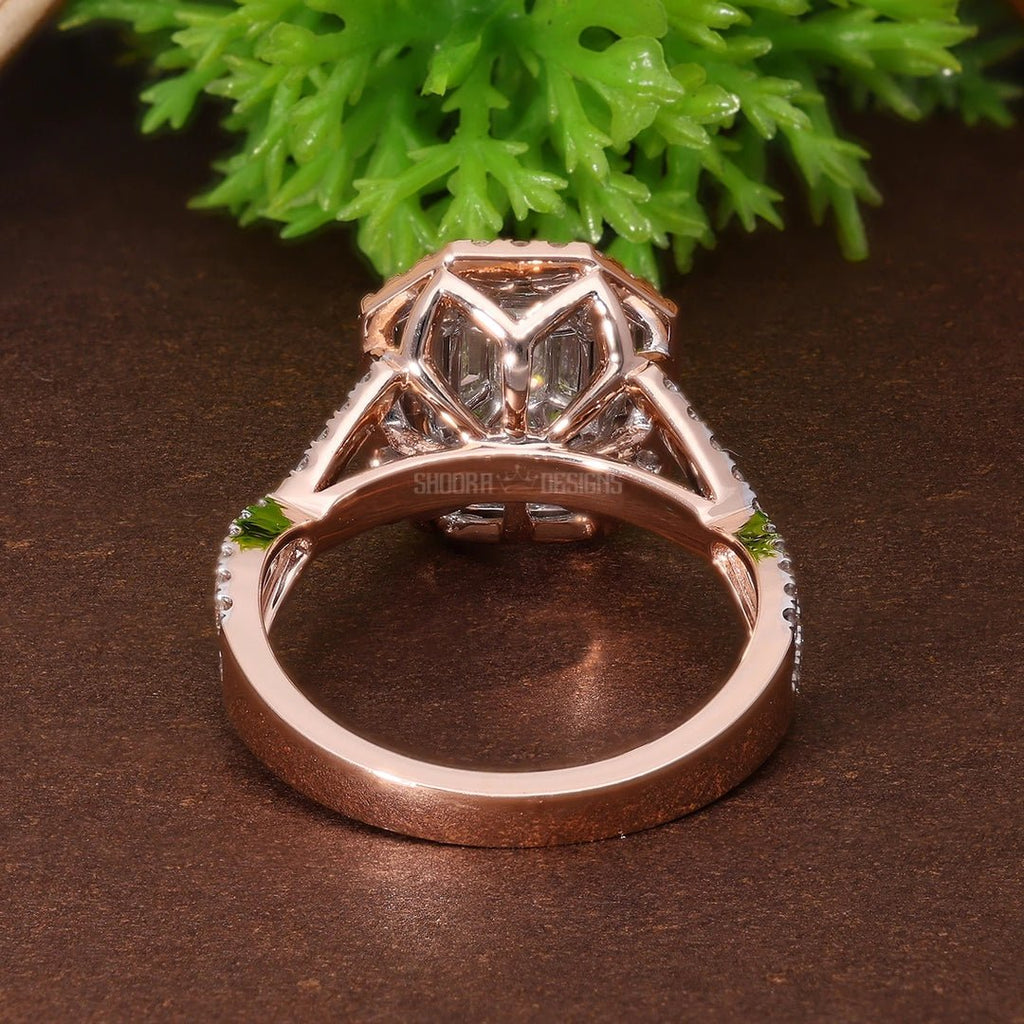 Double Halo Split Shank Pie - Cut Engagement Ring in 14K Solid Gold, 1.28 TCW Pie - cut/Round Cut Natural Diamonds, Wedding Gift for Women, Luxury Bridal Jewelry - Shoora Designs