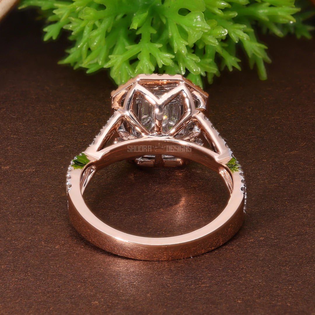 Double Halo Split Shank Pie - Cut Engagement Ring in 14K Solid Gold, 1.28 TCW Pie - cut/Round Cut Natural Diamonds, Wedding Gift for Women, Luxury Bridal Jewelry - Shoora Designs