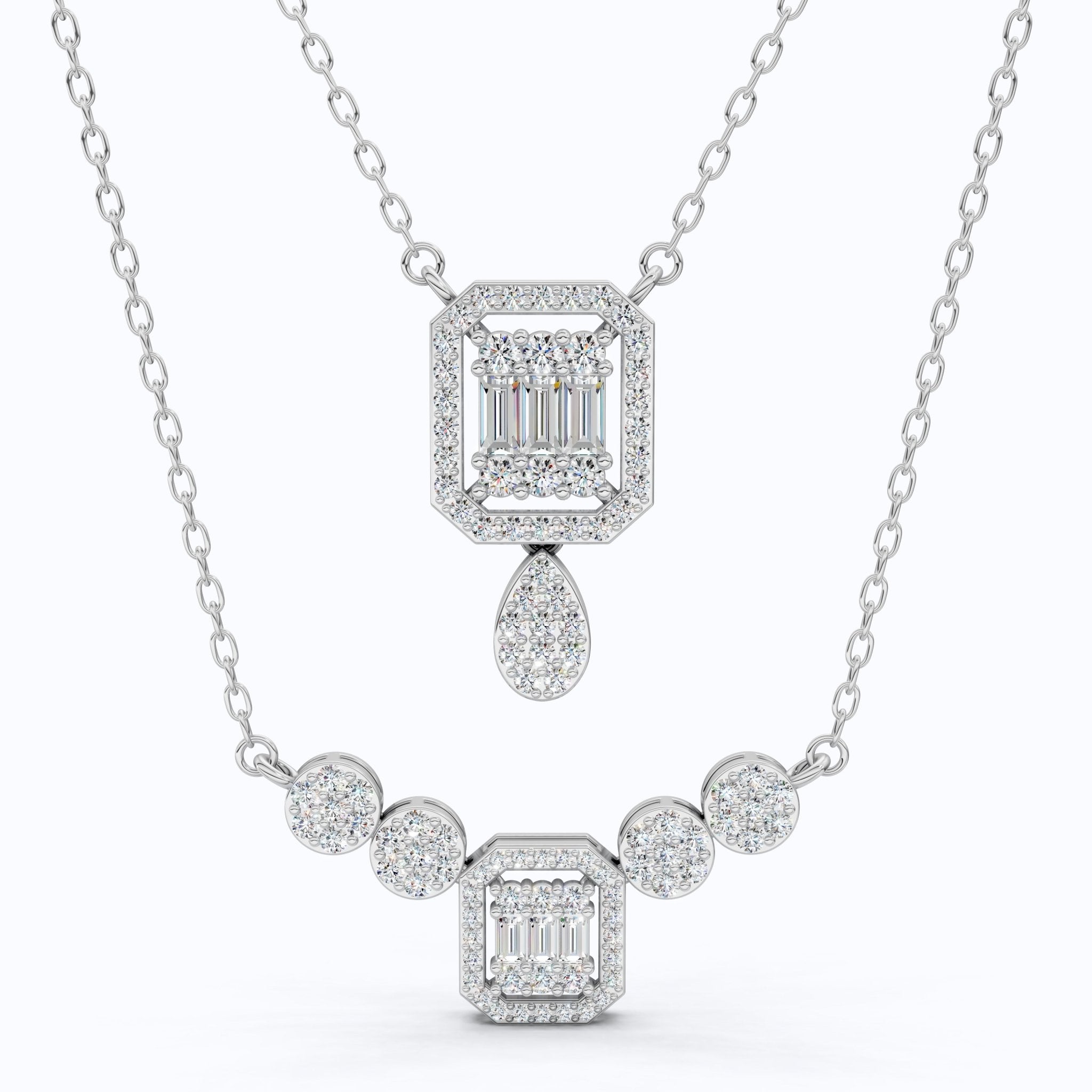 Double Layered Art Deco Baguette Halo Pendant Necklace in Lab Diamond - 14k Solid Gold, Bridal Gift for Women, Wedding Jewelry - Shoora Designs