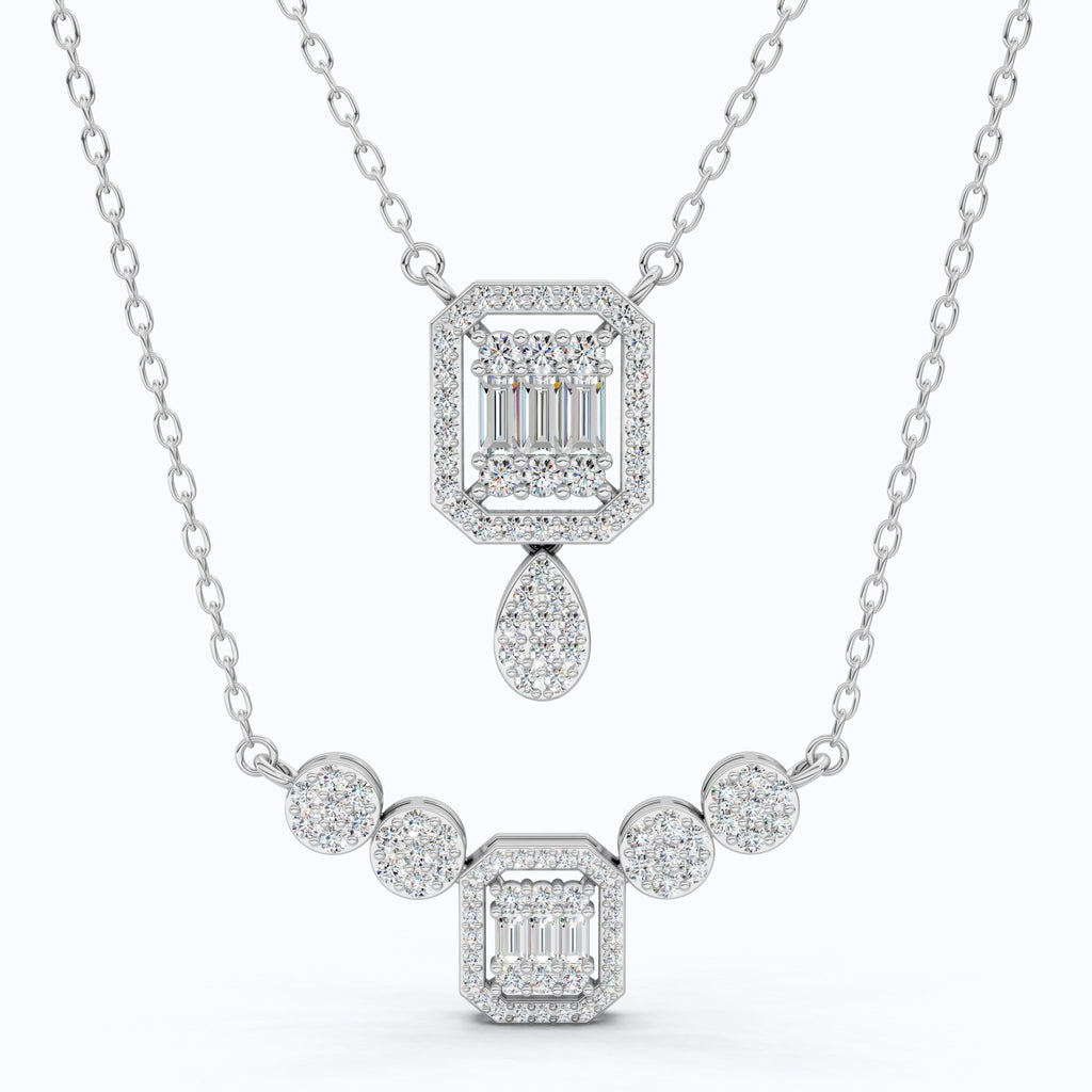 Double Layered Art Deco Baguette Halo Pendant Necklace in Lab Diamond - 14k Solid Gold, Bridal Gift for Women, Wedding Jewelry - Shoora Designs