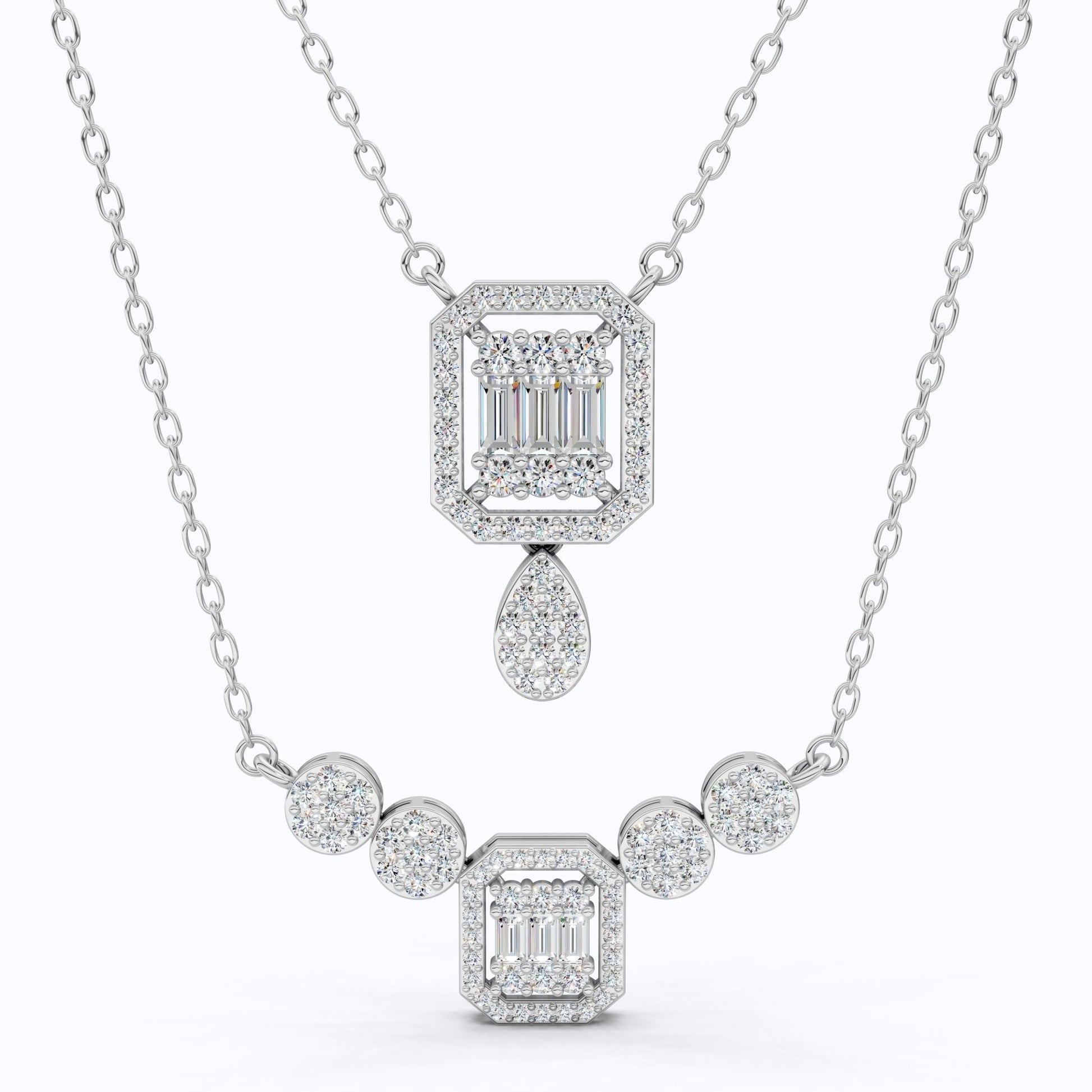 Double Layered Art Deco Baguette Halo Pendant Necklace in Lab Diamond - 14k Solid Gold, Bridal Gift for Women, Wedding Jewelry - Shoora Designs