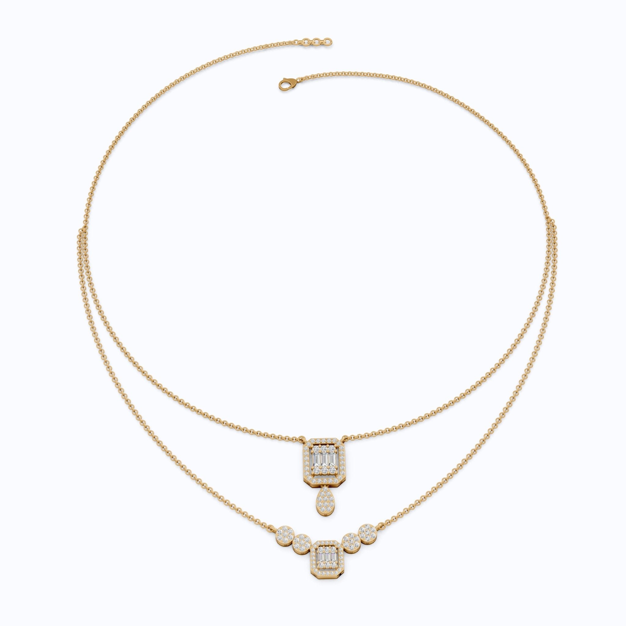 Double Layered Art Deco Baguette Halo Pendant Necklace in Lab Diamond - 14k Solid Gold, Bridal Gift for Women, Wedding Jewelry - Shoora Designs