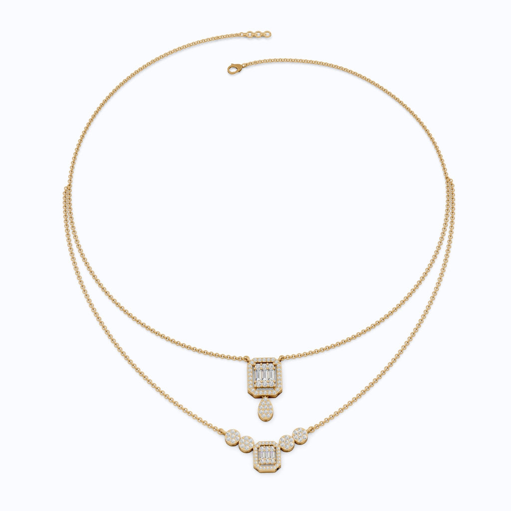 Double Layered Art Deco Baguette Halo Pendant Necklace in Lab Diamond - 14k Solid Gold, Bridal Gift for Women, Wedding Jewelry - Shoora Designs