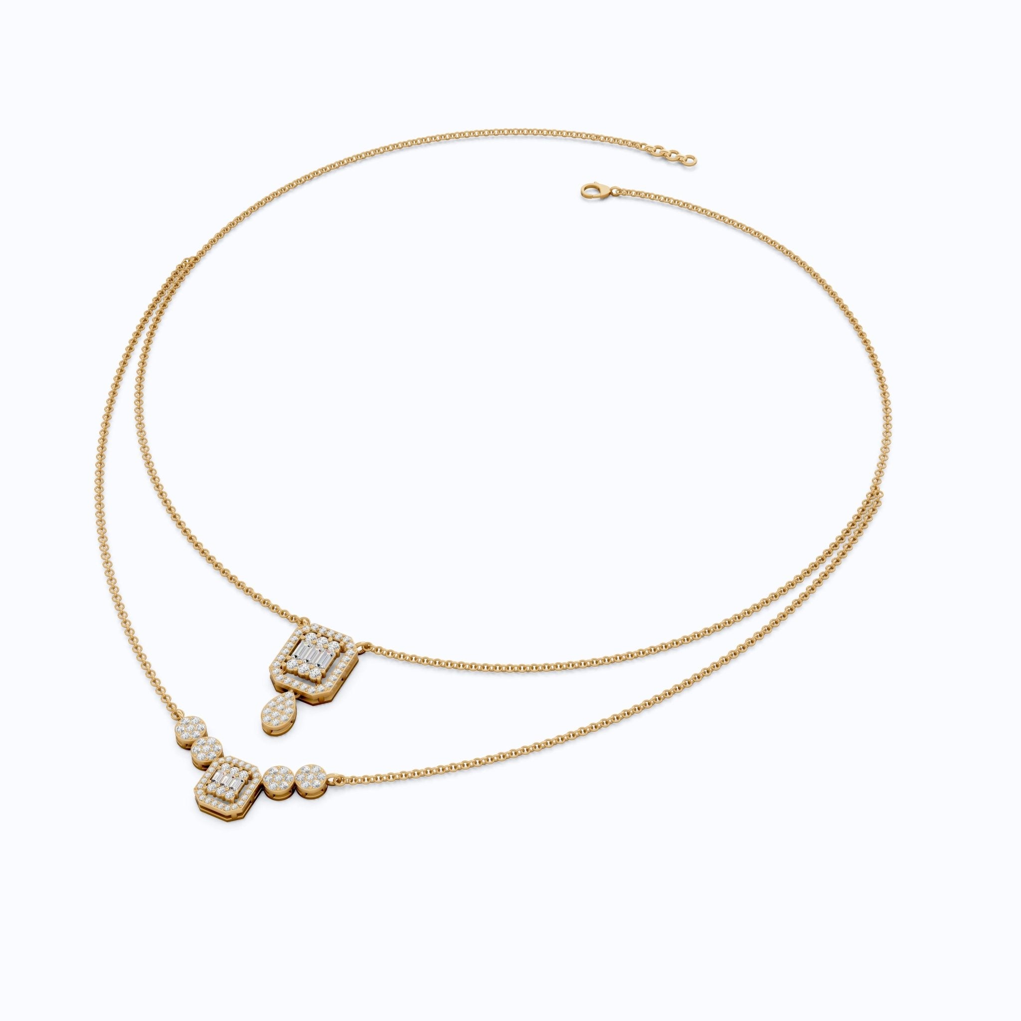 Double Layered Art Deco Baguette Halo Pendant Necklace in Lab Diamond - 14k Solid Gold, Bridal Gift for Women, Wedding Jewelry - Shoora Designs