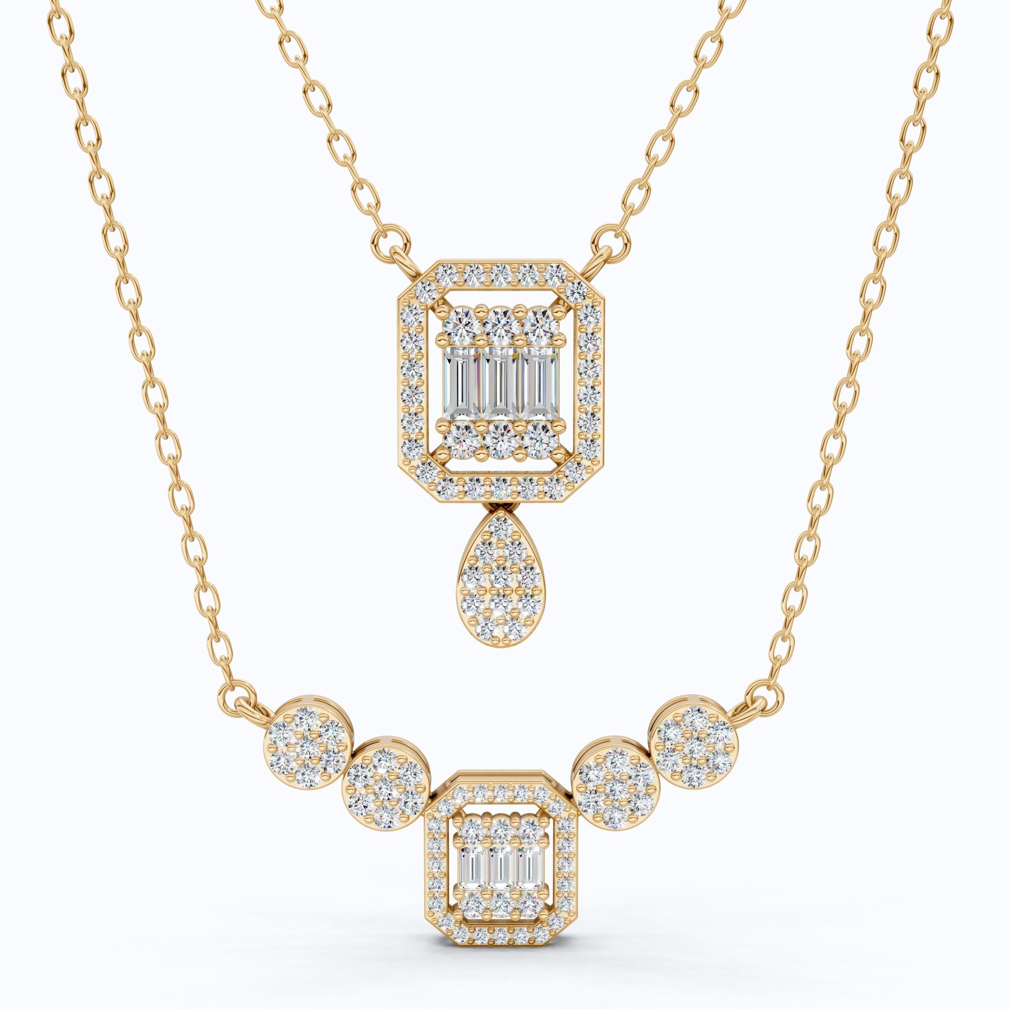 Double Layered Art Deco Baguette Halo Pendant Necklace in Lab Diamond - 14k Solid Gold, Bridal Gift for Women, Wedding Jewelry - Shoora Designs