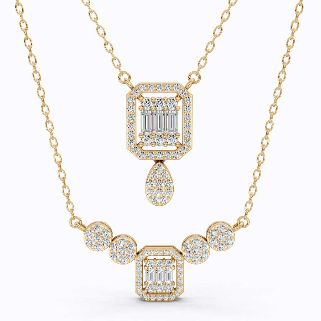 Double Layered Art Deco Baguette Halo Pendant Necklace in Lab Diamond - 14k Solid Gold, Bridal Gift for Women, Wedding Jewelry - Shoora Designs