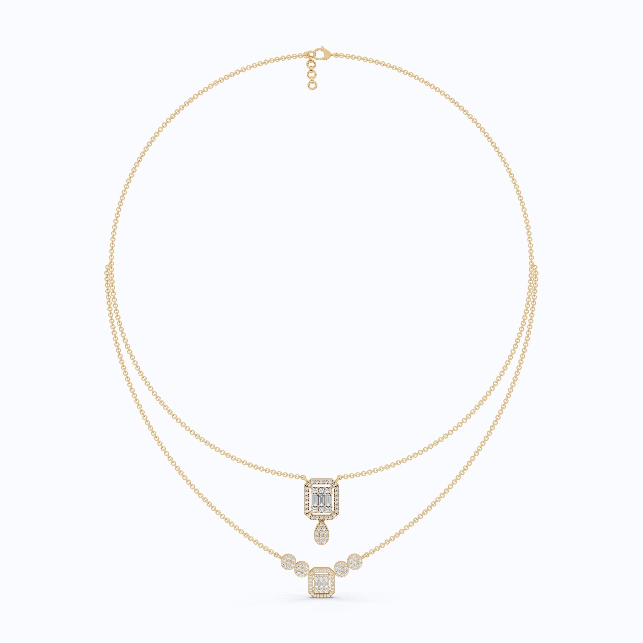 Double Layered Art Deco Baguette Halo Pendant Necklace in Lab Diamond - 14k Solid Gold, Bridal Gift for Women, Wedding Jewelry - Shoora Designs
