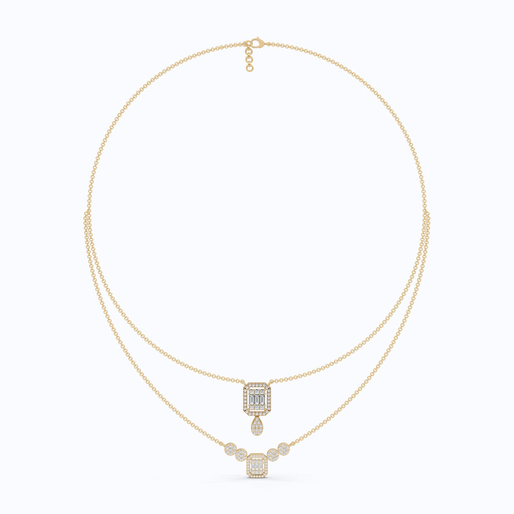 Double Layered Art Deco Baguette Halo Pendant Necklace in Lab Diamond - 14k Solid Gold, Bridal Gift for Women, Wedding Jewelry - Shoora Designs
