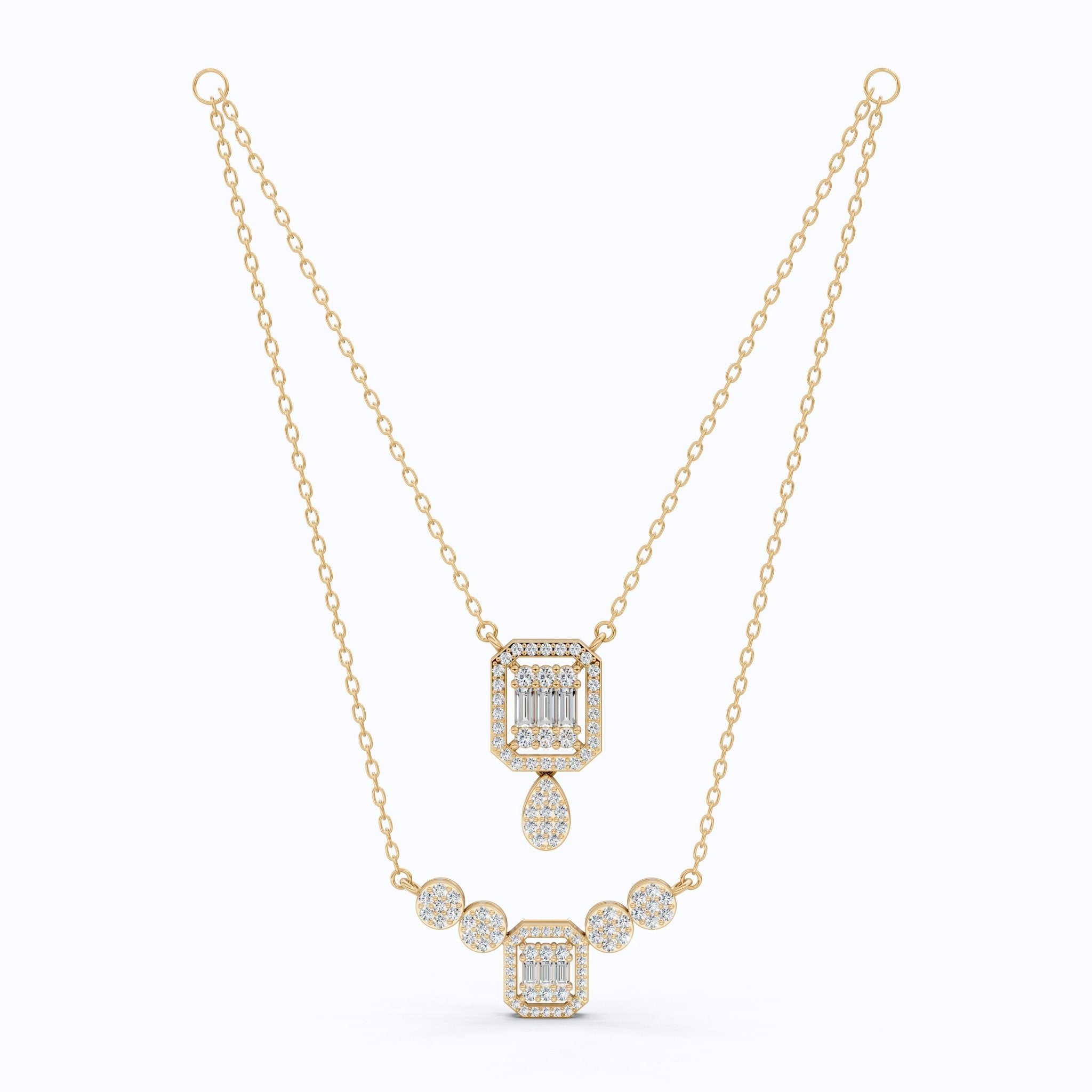 Double Layered Art Deco Baguette Halo Pendant Necklace in Lab Diamond - 14k Solid Gold, Bridal Gift for Women, Wedding Jewelry - Shoora Designs