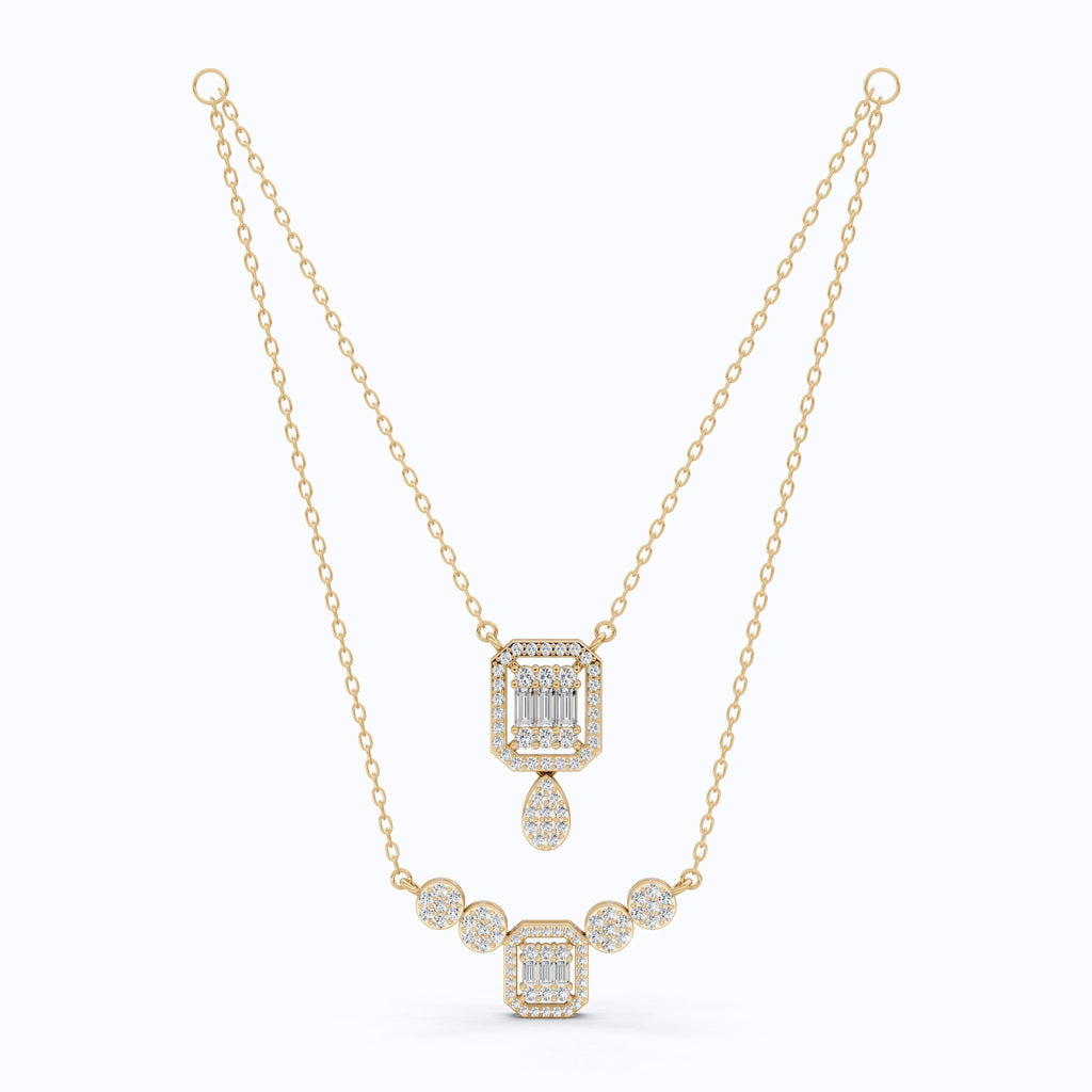 Double Layered Art Deco Baguette Halo Pendant Necklace in Lab Diamond - 14k Solid Gold, Bridal Gift for Women, Wedding Jewelry - Shoora Designs