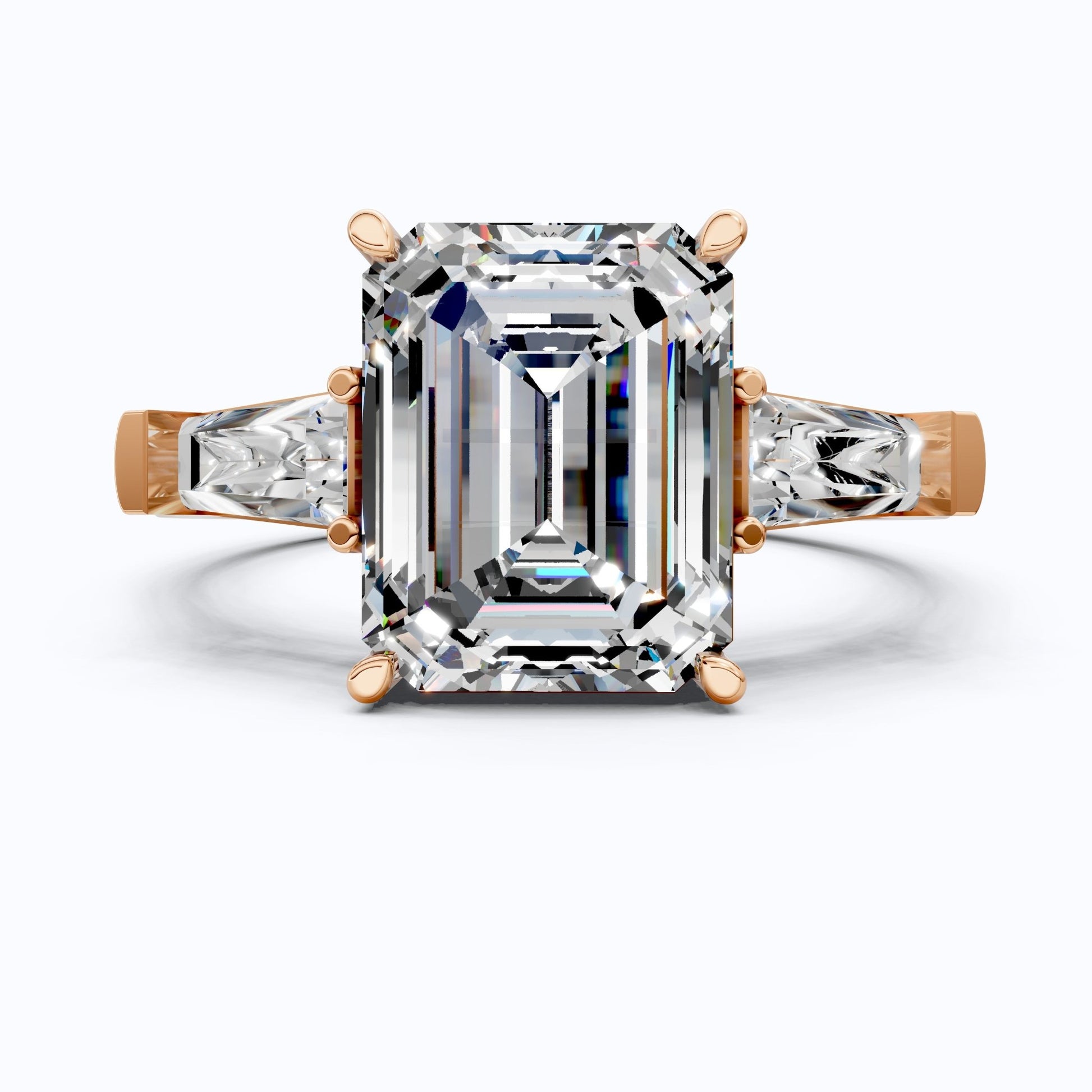 Elegant Emerald Cut Three Stone Engagement Ring in 14K White Gold, Bridal Jewelry, Handmade Jewelry - Shoora Designs