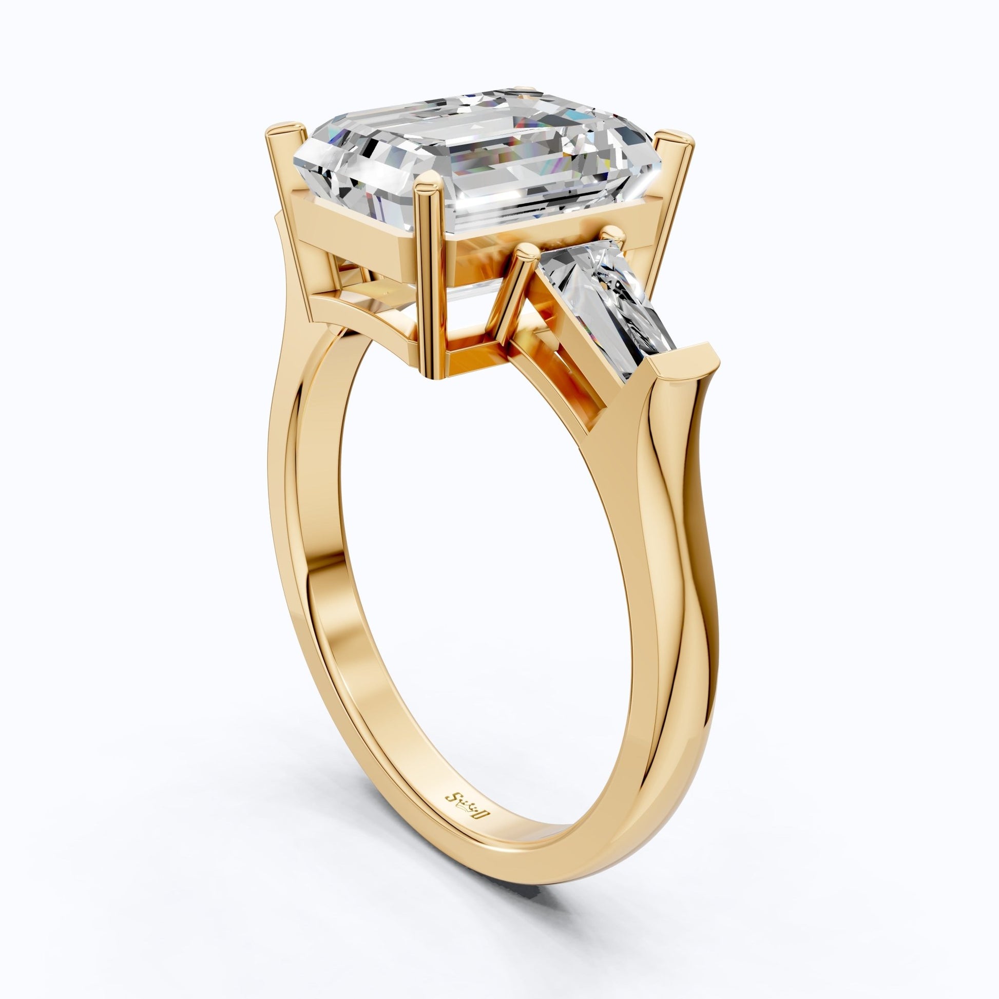 Elegant Emerald Cut Three Stone Engagement Ring in 14K White Gold, Bridal Jewelry, Handmade Jewelry - Shoora Designs