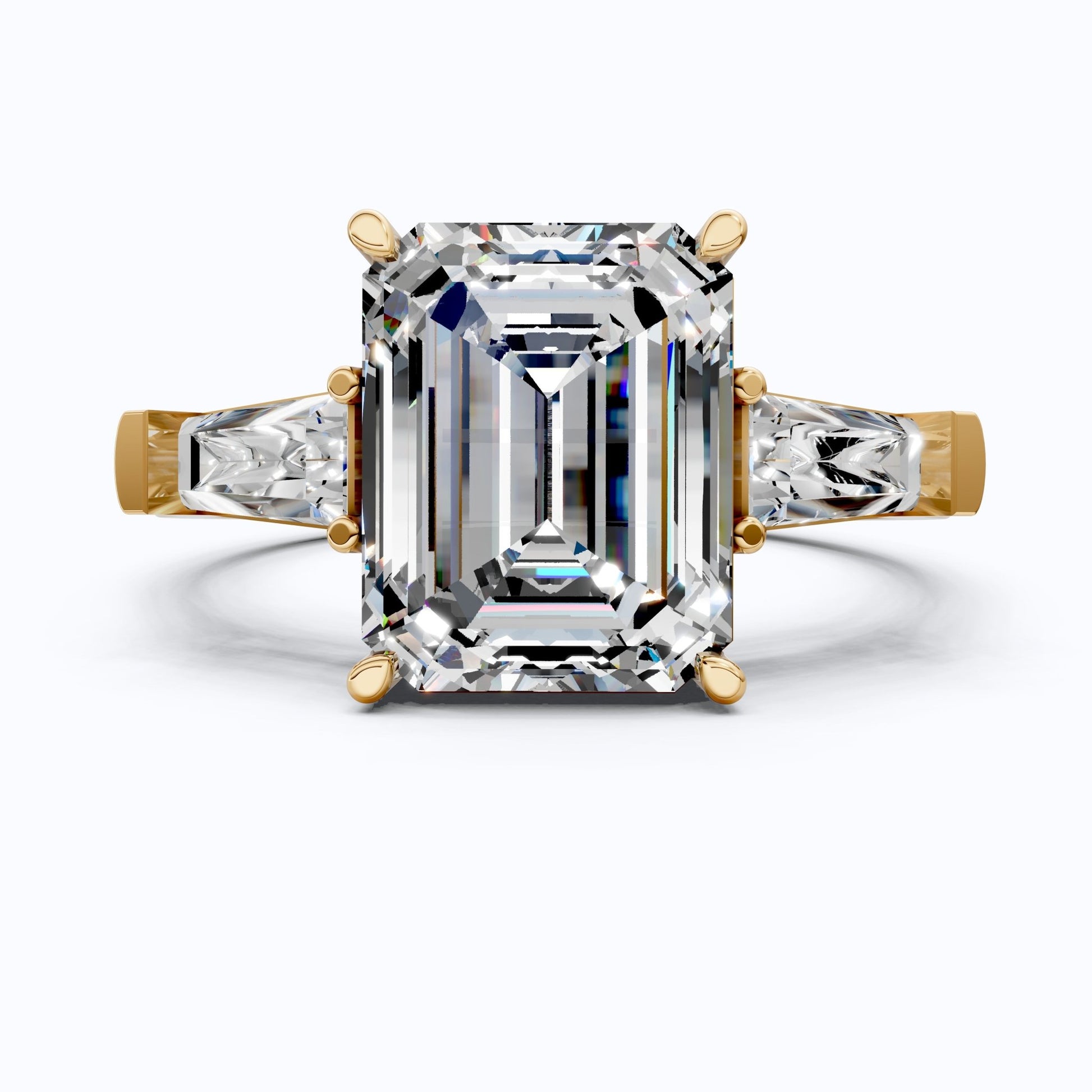 Elegant Emerald Cut Three Stone Engagement Ring in 14K White Gold, Bridal Jewelry, Handmade Jewelry - Shoora Designs