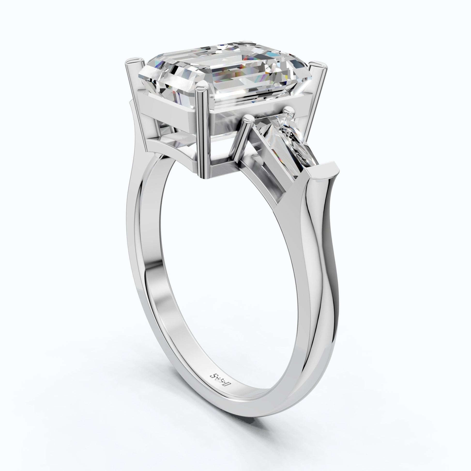 Elegant Emerald Cut Three Stone Engagement Ring in 14K White Gold, Bridal Jewelry, Handmade Jewelry - Shoora Designs