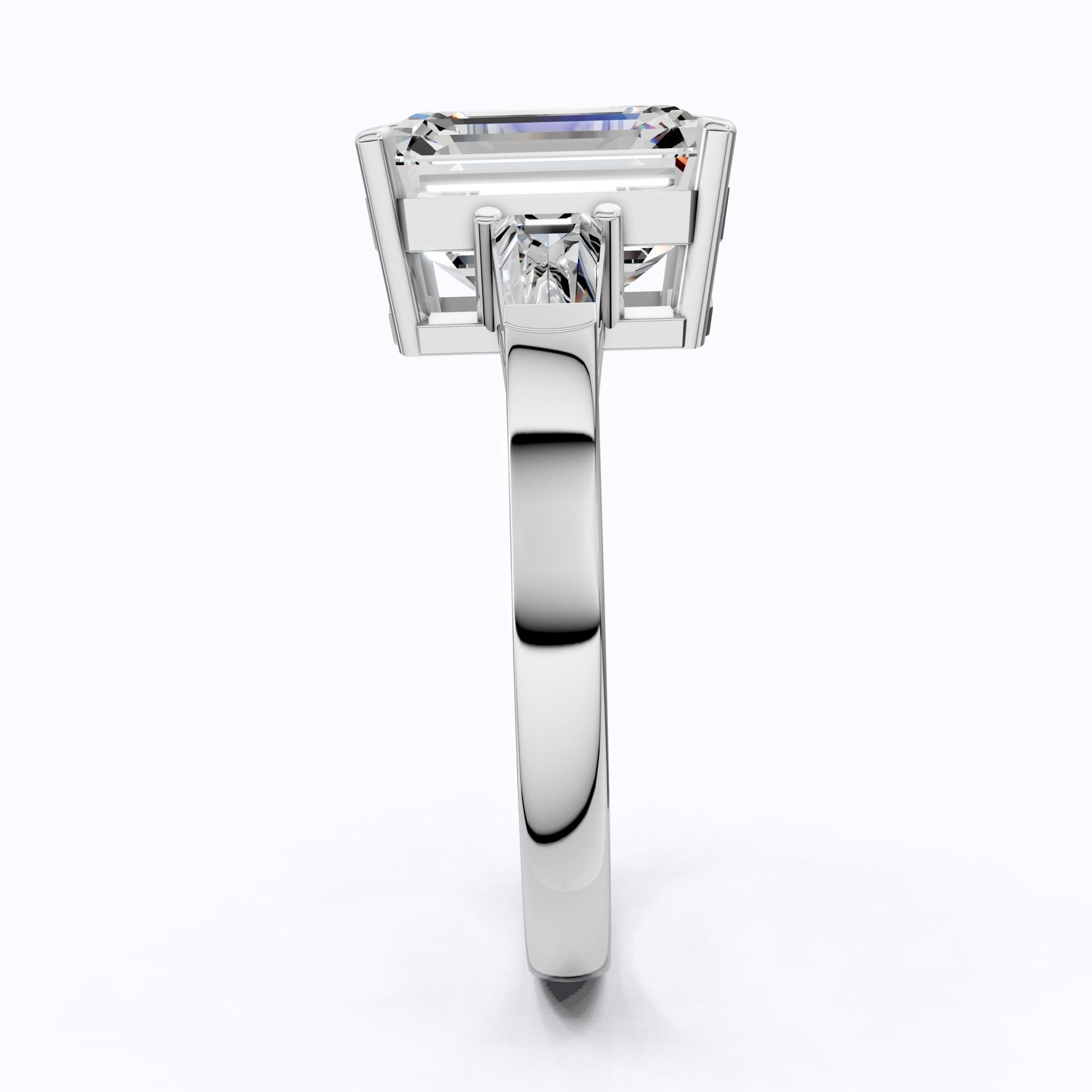 Elegant Emerald Cut Three Stone Engagement Ring in 14K White Gold, Bridal Jewelry, Handmade Jewelry - Shoora Designs
