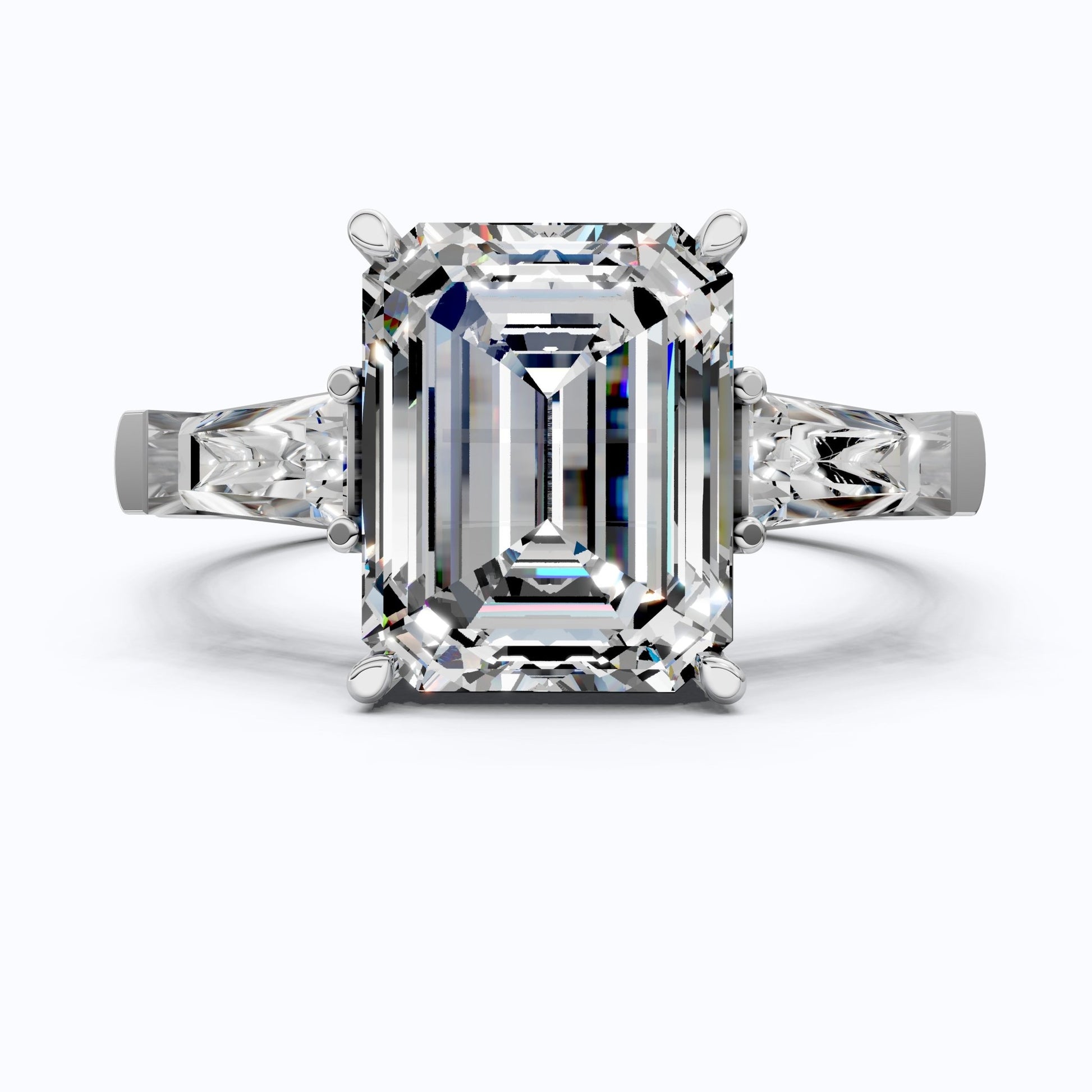 Elegant Emerald Cut Three Stone Engagement Ring in 14K White Gold, Bridal Jewelry, Handmade Jewelry - Shoora Designs