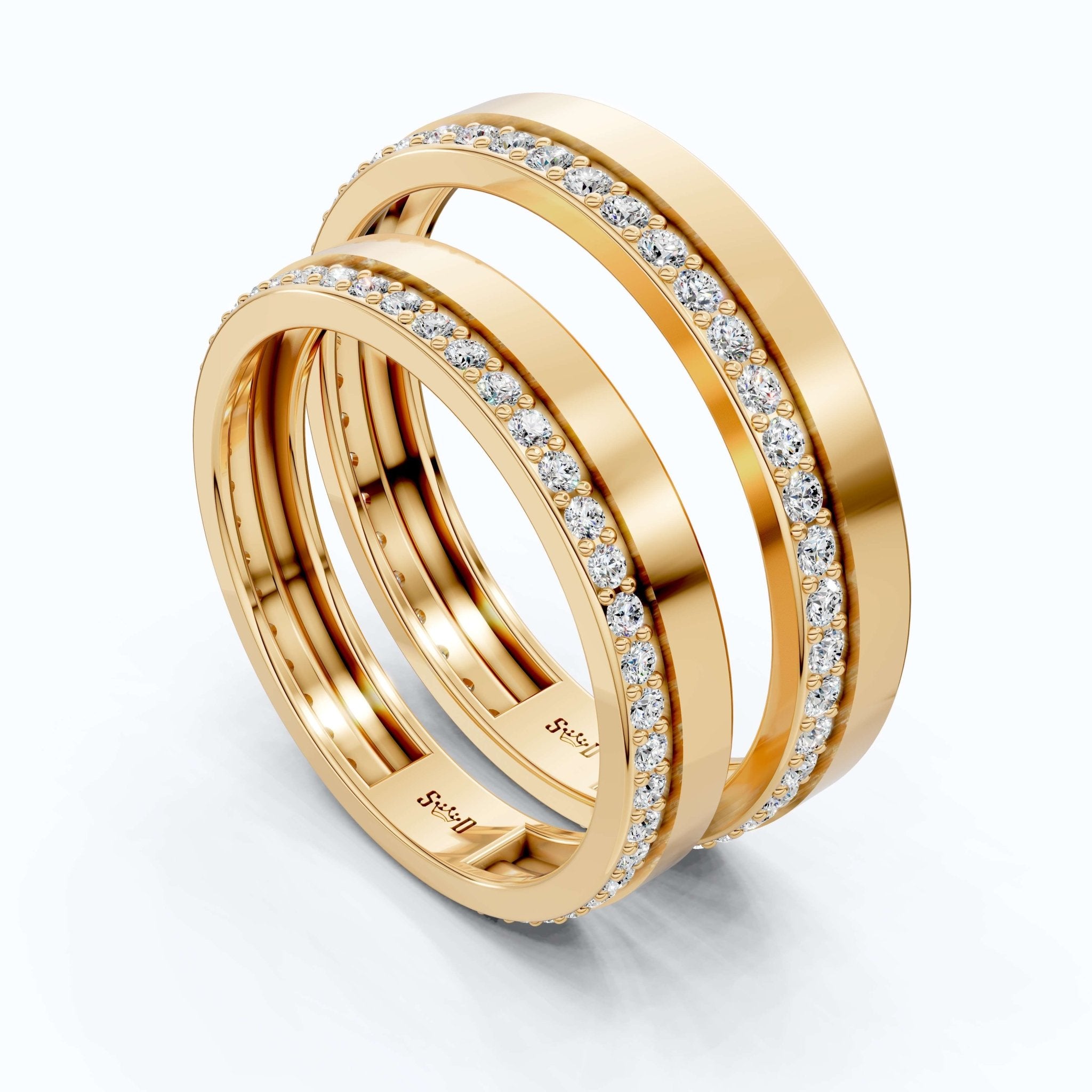 Elegant Flat Edge Eternity Couple Wedding Rings 14k Solid Gold, 0.95 TCW Round Cut Lab Created Diamonds, Everyday Rings, Gift For Couple - Shoora Designs