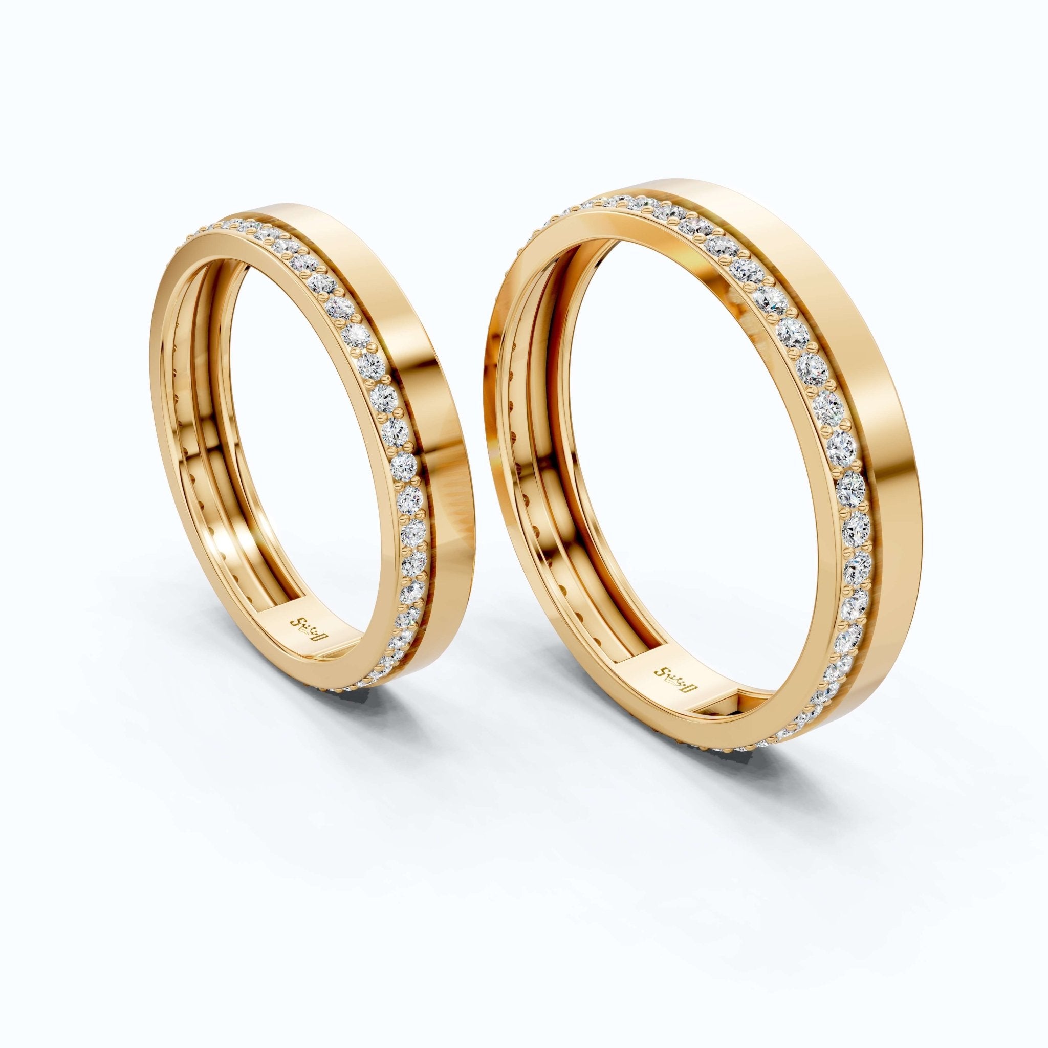 Elegant Flat Edge Eternity Couple Wedding Rings 14k Solid Gold, 0.95 TCW Round Cut Lab Created Diamonds, Everyday Rings, Gift For Couple - Shoora Designs